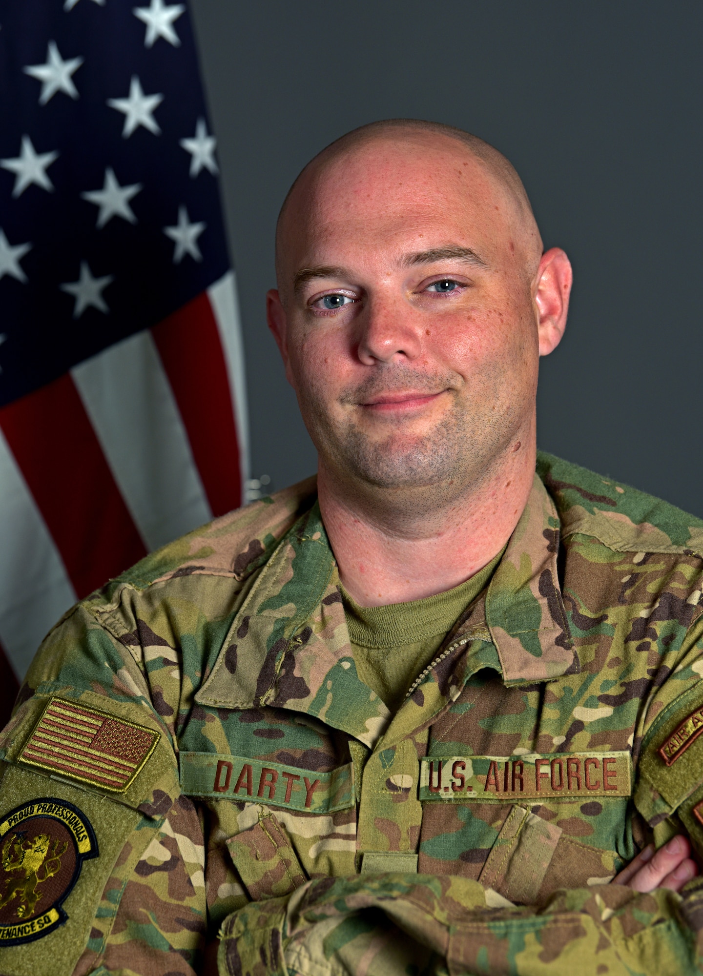 U.S. Air Force Maj. Aaron Darty, 100th Maintenance Squadron operations officer, poses for a photo at RAF Mildenhall, England, July 9, 2019. Darty was recently awarded the Bronze Star Medal for meritorious achievement as operations officer and maintenance advisor in support of Operation Freedom Sentinel while deployed to Kandahar Airfield, Afghanistan. (U.S. Air Force photo by Airman 1st Class Brandon Esau)