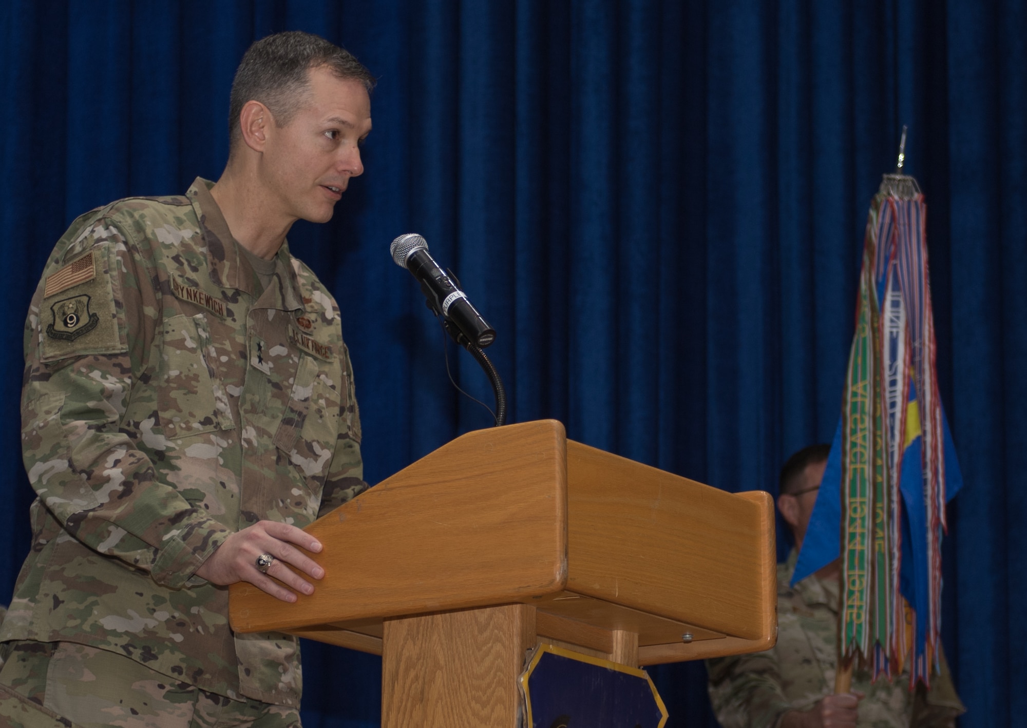 U.S. Air Force Maj. Gen. Alexus G. Grynkewich, 9th Air Expeditionary Task Force-Levant commander, provides remarks during the 386th Air Expeditionary Wing change of command ceremony at Ali Al Salem Air Base, Kuwait, July 11, 2019. U.S. Air Force Col. Rodney Simpson took command of the 386th AEW from Col.  Patrick Schlichenmeyer. Grynkewich officiated the ceremony. (U.S. Air Force photo by Tech. Sgt. Daniel Martinez)