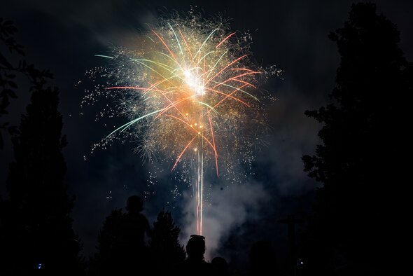 A firework explodes in a variety of colors at the end of Freedom Fest on Ramstein Air Base, Germany, July 4, 2019.