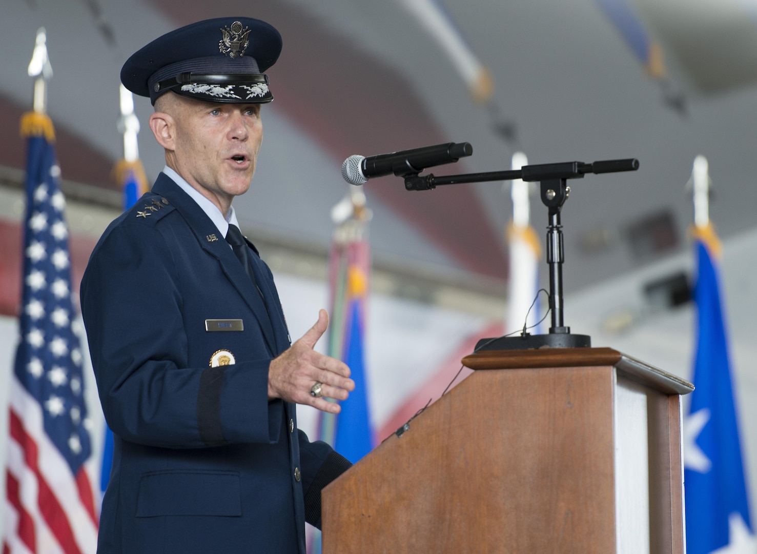 Lt. Gen. Steven Kwast, commander of Air Education and Training Command, officially addresses the men and women of the AETC for the first time as their commander during a change of command ceremony Nov. 16, 2017, at Joint Base San Antonio-Randolph. Kwast, a U.S. Air Force Academy graduate, will pass command of AETC to Lt. Gen. Brad Webb July 26, 2019.
