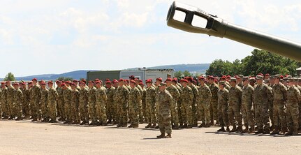 Soldiers from the 2nd Cavalry Regiment, Rose Barracks, Vilseck, Germany, join Hungarian Defense Forces in formation during the opening ceremony for Breakthrough 2019, June 3, 2019 in the vicinity of Várpalota, Hungary. Breakthrough 2019 marks a historic moment in the partnership between the United States and Hungary.