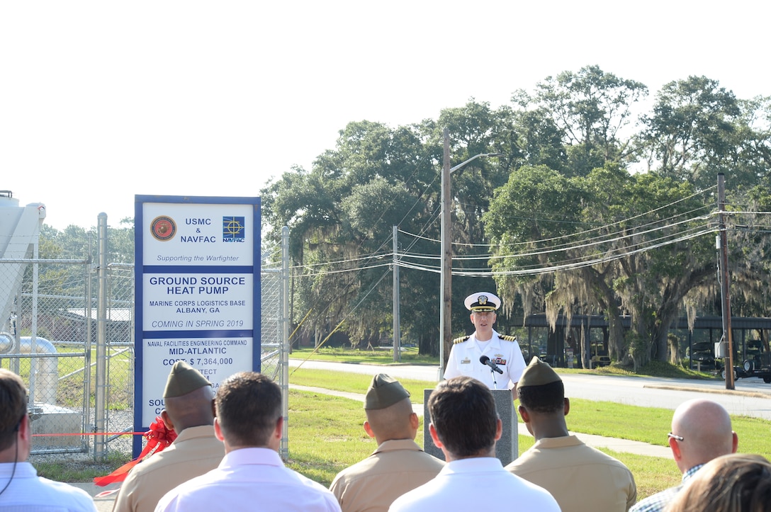 During a ribbon-cutting ceremony aboard Marine Corps Logistics Base Albany, July 9, base officials moved one step closer to achieving their NetZero energy resiliency goals.  Phase Two of the Borehole Thermal Energy Storage Systems and Ground Source Heat Pumps that will serve buildings in the downtown area of the base were officially commissioned for use.