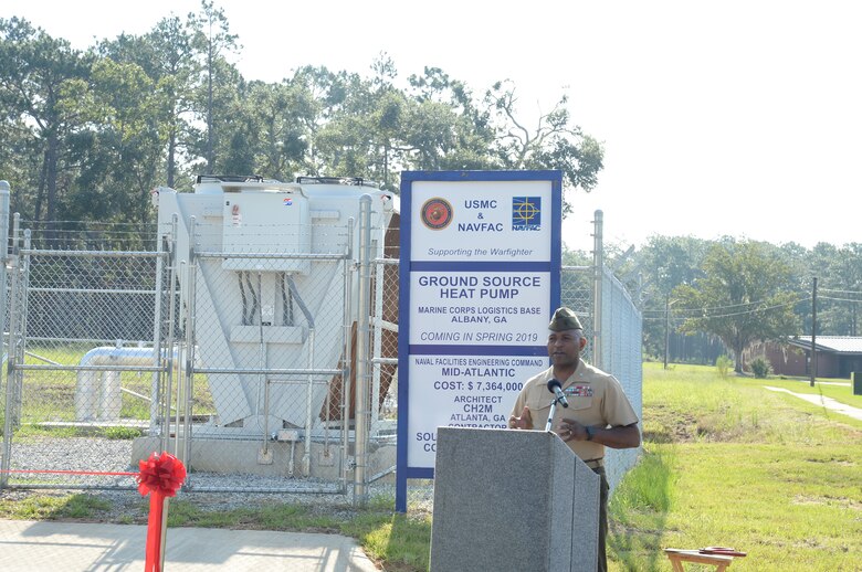 During a ribbon-cutting ceremony aboard Marine Corps Logistics Base Albany, July 9, base officials moved one step closer to achieving their NetZero energy resiliency goals.  Phase Two of the Borehole Thermal Energy Storage Systems and Ground Source Heat Pumps that will serve buildings in the downtown area of the base were officially commissioned for use.