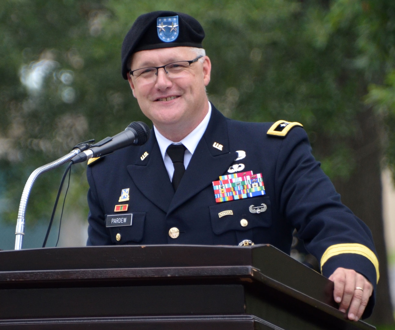 Maj. Gen. Paul Pardew commends the outgoing and incoming leadership during a change-of-command ceremony for the Mission and Installation Contracting Command July 9 at Joint Base San Antonio-Fort Sam Houston. Brig. Gen. Christine Beeler assumed command of the MICC from Brig. Gen. Bill Boruff, who departs for his next assignment at Redstone Arsenal, Alabama. Officiating the ceremony was Pardew, the commanding general for the Army Contracting Command at Redstone Arsenal, Alabama.