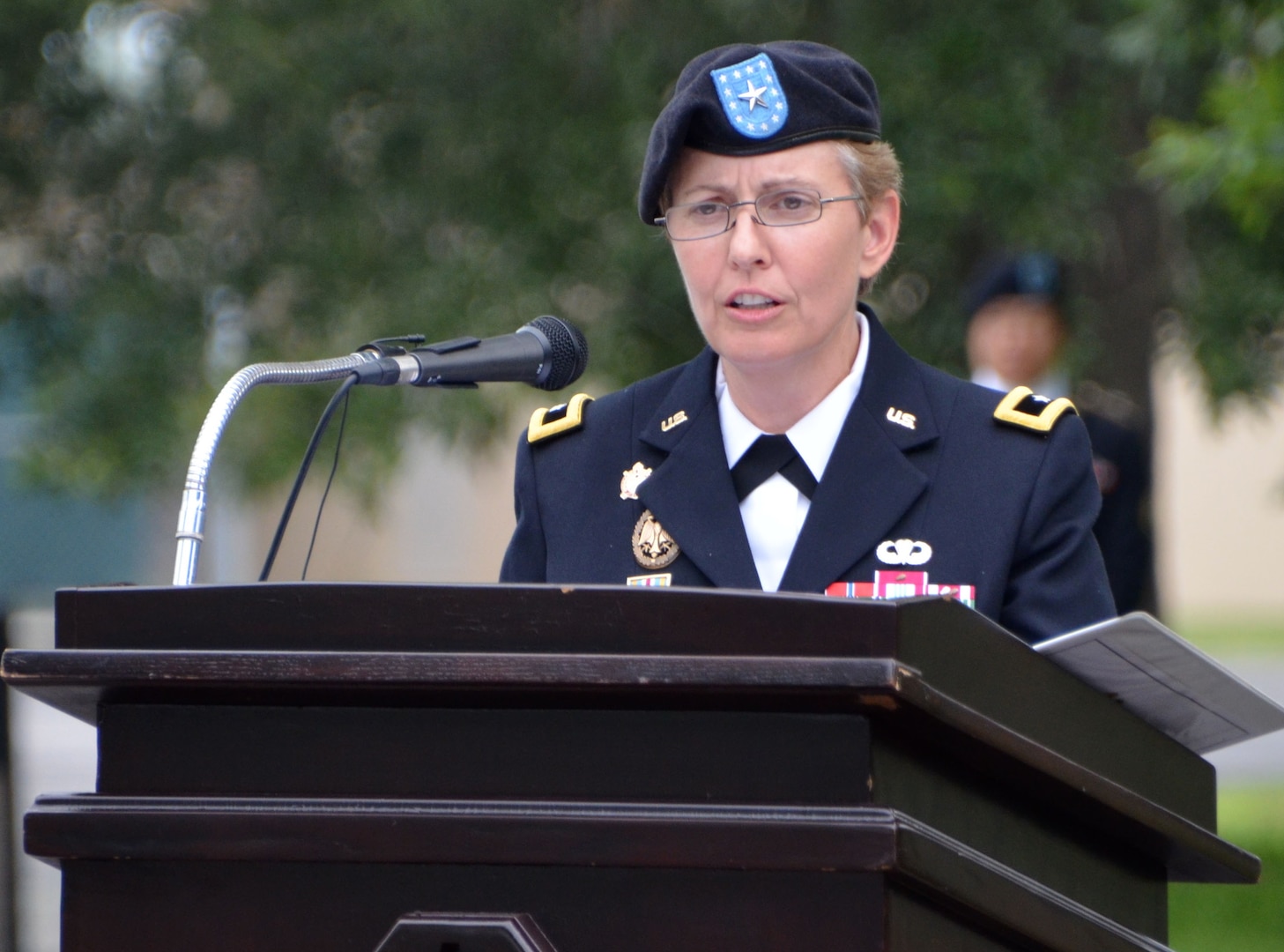 Brig. Gen. Christine Beeler addresses those in attendance for the Mission and Installation Contracting Command change-of-command ceremony July 9 at Joint Base San Antonio-Fort Sam Houston. Beeler assumed command of the MICC from Brig. Gen. Bill Boruff, who departs for his next assignment at Redstone Arsenal, Alabama. Officiating the ceremony was Maj. Gen. Paul Pardew, the commanding general for the Army Contracting Command at Redstone Arsenal, Alabama.