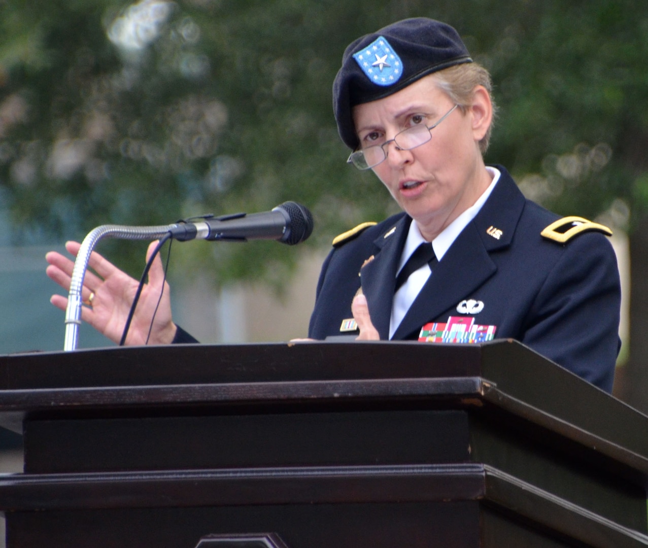 Brig. Gen. Christine Beeler credits her family and closes friends for her military service during a promotion ceremony July 9 at Joint Base San Antonio-Fort Sam Houston, Texas. Beeler was promoted to brigadier general before assuming command of the MICC from Brig. Gen. Bill Boruff. Officiating the ceremony was Maj. Paul Pardew, the commanding general for the Army Contracting Command at Redstone Arsenal, Alabama.