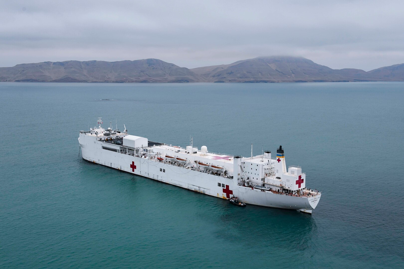 The hospital ship USNS Comfort is anchored off the coast of Callao, Peru.