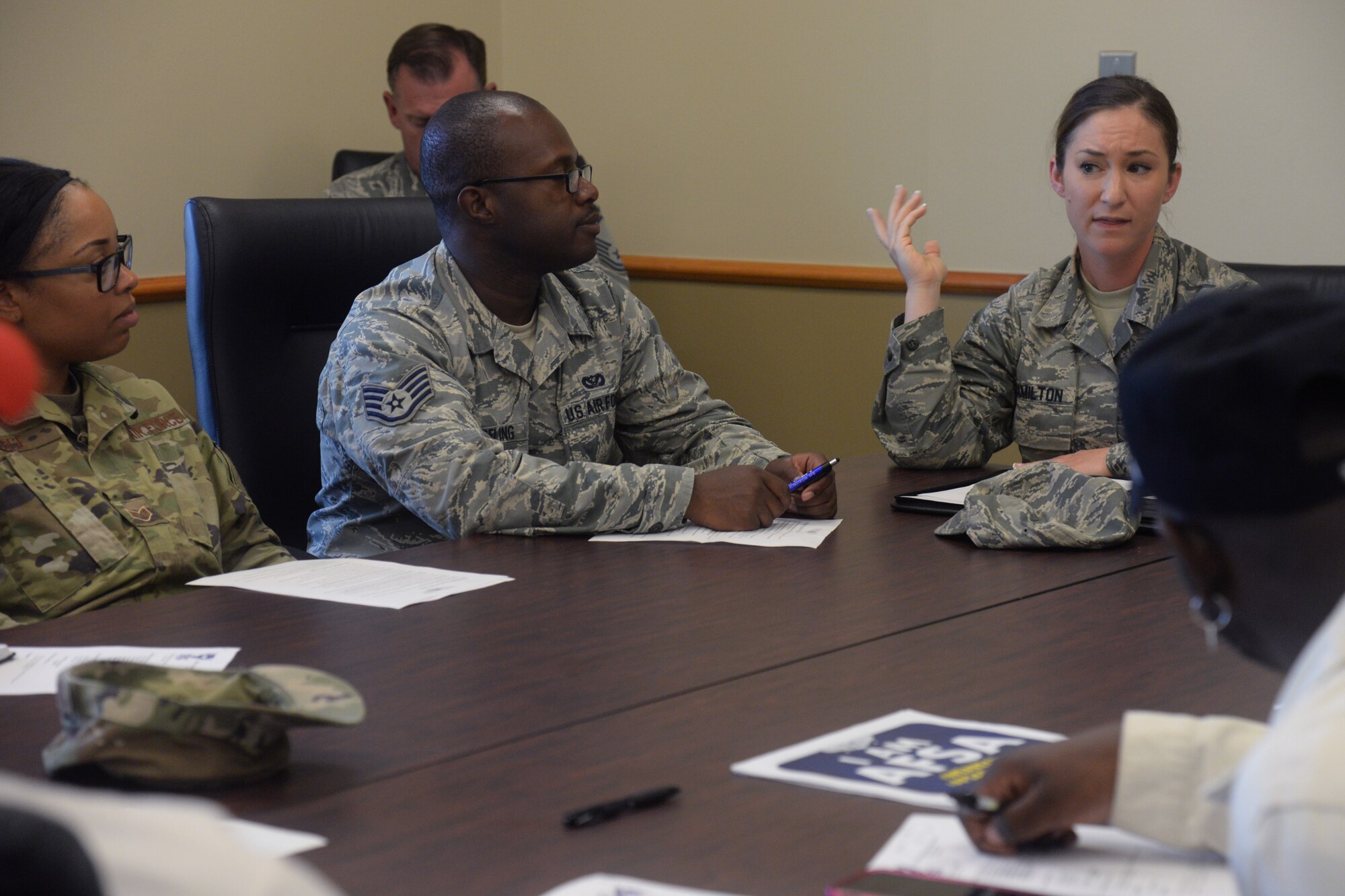 Tech Sgt. Kelly Hamilton, Air Force Sergeants Association vice-president, speaks to members during a meeting July 10, 2019, at Malmstrom Air Force Base, Mont.