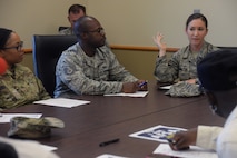 Tech Sgt. Kelly Hamilton, Air Force Sergeants Association vice-president, speaks to members during a meeting July 10, 2019, at Malmstrom Air Force Base, Mont.