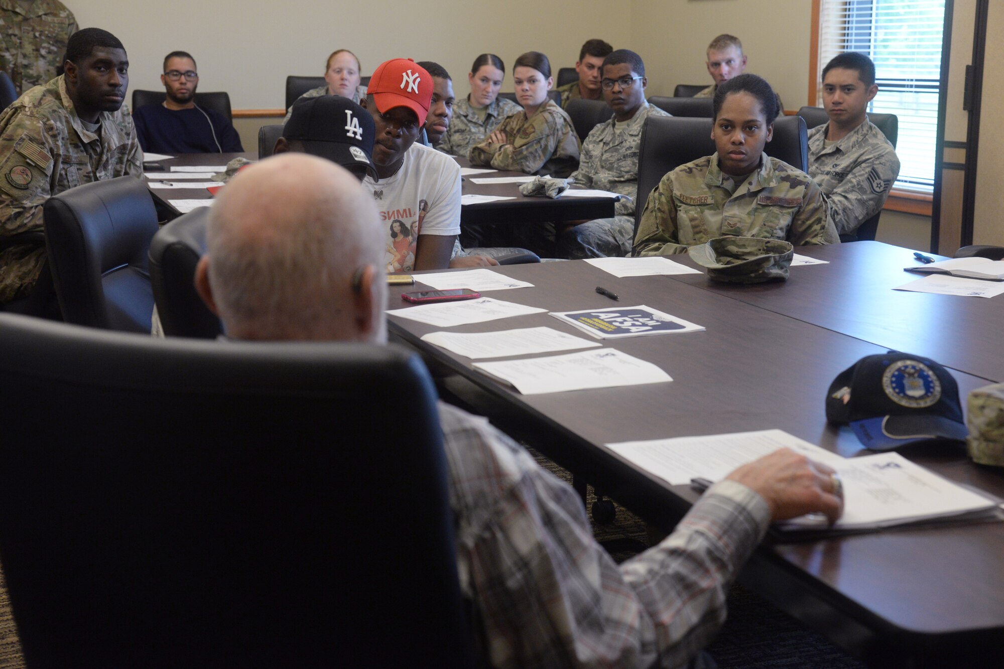 Jim Simmonds, Air Force Sergeants Association recruiter, shares a story during a meeting July 10, 2019, at Malmstrom Air Force Base, Mont.