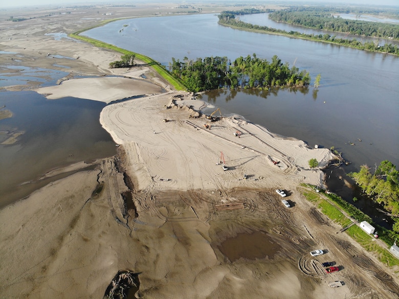 Aerial view of levee breach L575 a June 30, 2019.