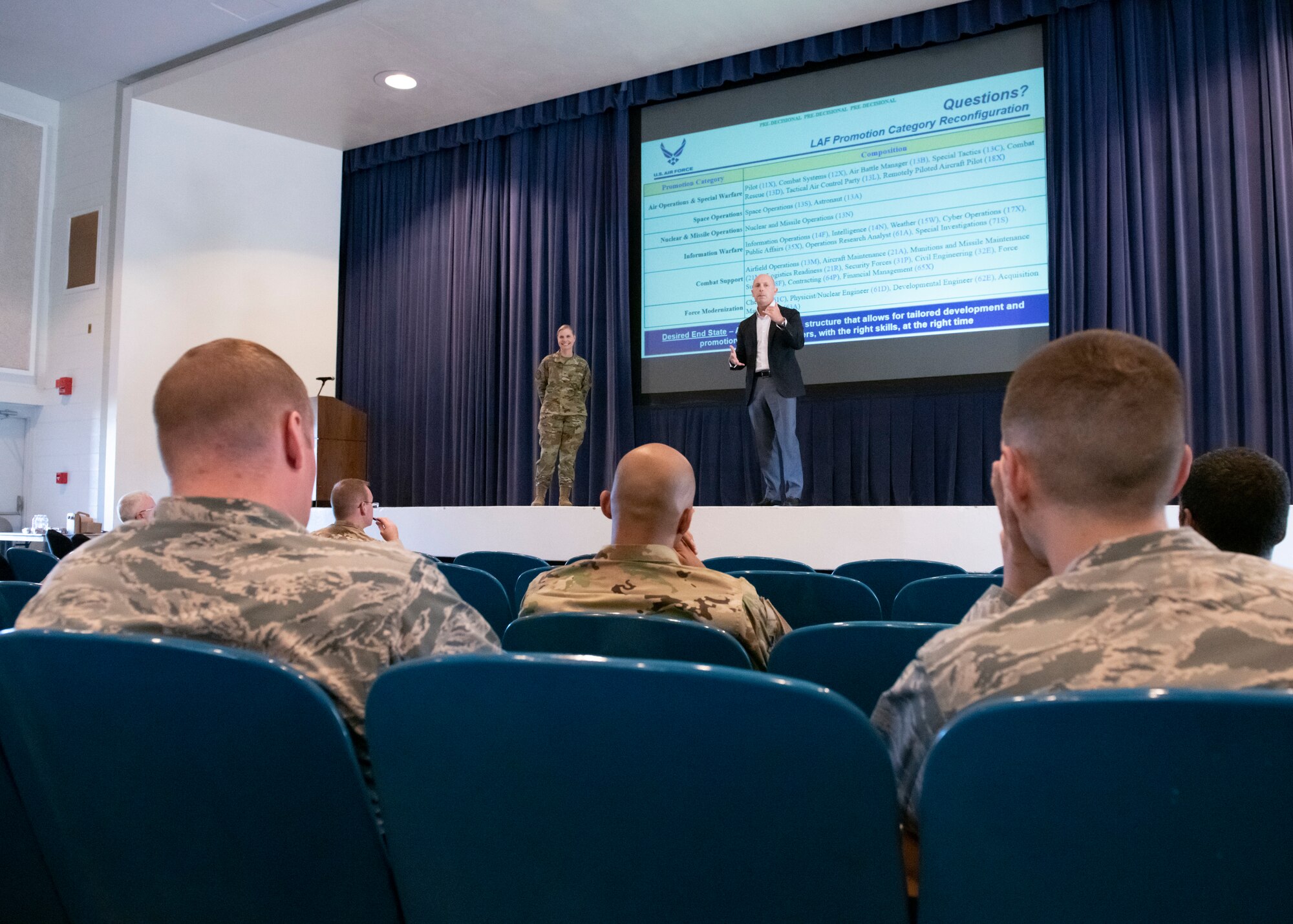 PETERSON AIR FORCE BASE, Colo. – Assistant Secretary of the Air Force for Manpower and Reserve Affairs Shon Manasco (right) and Col. Kelly Sams, senior military assistant to Manasco (left) discuss Air Force Manpower, Personnel and Services’ proposed line of the Air Force promotion category reconfiguration July 9, 2019 at Peterson Air Force Base, Colorado. This proposal would divide Air Force officers in the line of the Air Force promotion category into six separate categories so they would only be competing for promotions within their group instead of against officers in more than 40 Air Force specialty codes. (U.S. Air Force photo by Heather Heiney)