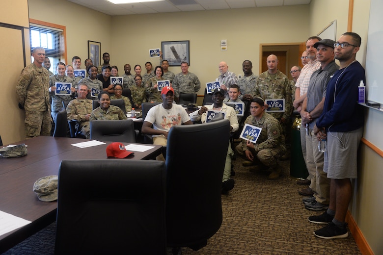 Members of the Air Force Sergeants Association pose for a group photo July 10, 2019, at Malmstrom Air Force Base, Mont.