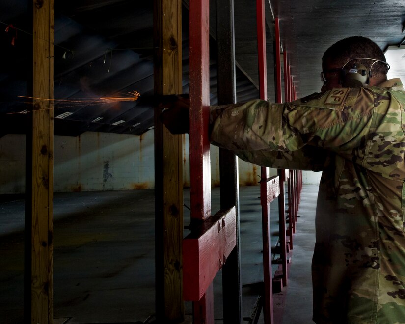 Staff Sgt. Rossitor Alexander, an instructor assigned to the 628th Security Forces Squadron Combat Arms Training and Maintenance flight, fires an M9 pistol at Joint Base Charleston, S.C. July 1, 2019. CATM facilitates readiness by equipping Airmen with the knowledge and skills to use weapons properly, and provides support to local and regional military branches. CATM instructors qualify for the weapons annually to maintain proficiency.