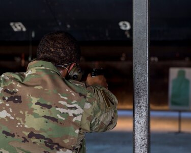 Staff Sgt. Rossitor Alexander, an instructor assigned to the 628th Security Forces Squadron Combat Arms Training and Maintenance flight, aims an M9 pistol at Joint Base Charleston, S.C. July 1, 2019. CATM facilitates readiness by equipping Airmen with the knowledge and skills to use weapons properly, and provides support to local and regional military branches. CATM instructors qualify for the weapons annually to maintain proficiency.