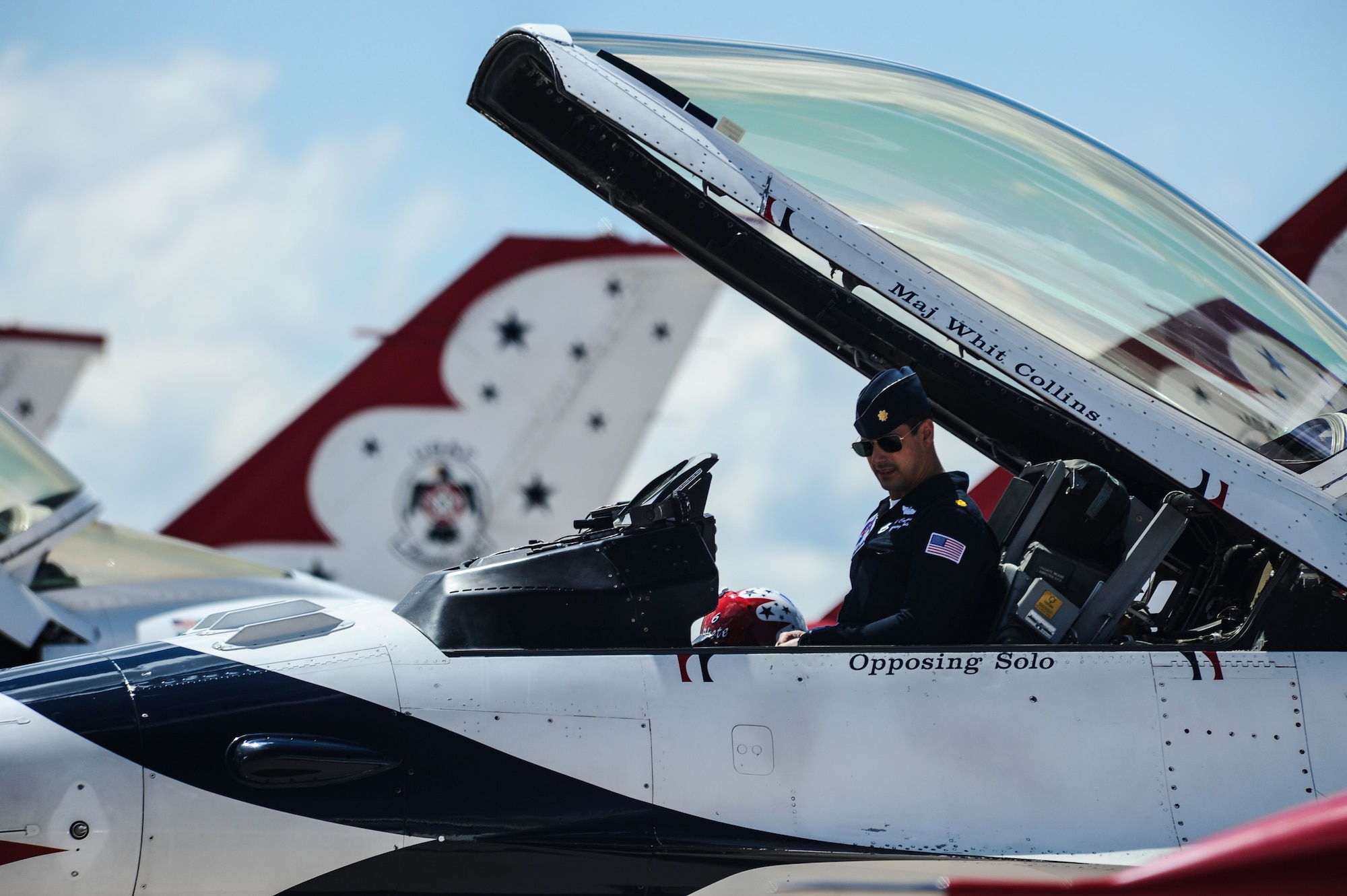 Maj. Whit Collins, Air Force Thunderbirds opposing solo pilot, arrives at Peterson Air Force Base, Colorado, May 22, 2017. The Thunderbirds conducted an aerial demonstration performance during the Air Force Academy's graduation May 24, 2017. (U.S. Air Force photo/Tech. Sgt. Julius Delos Reyes)