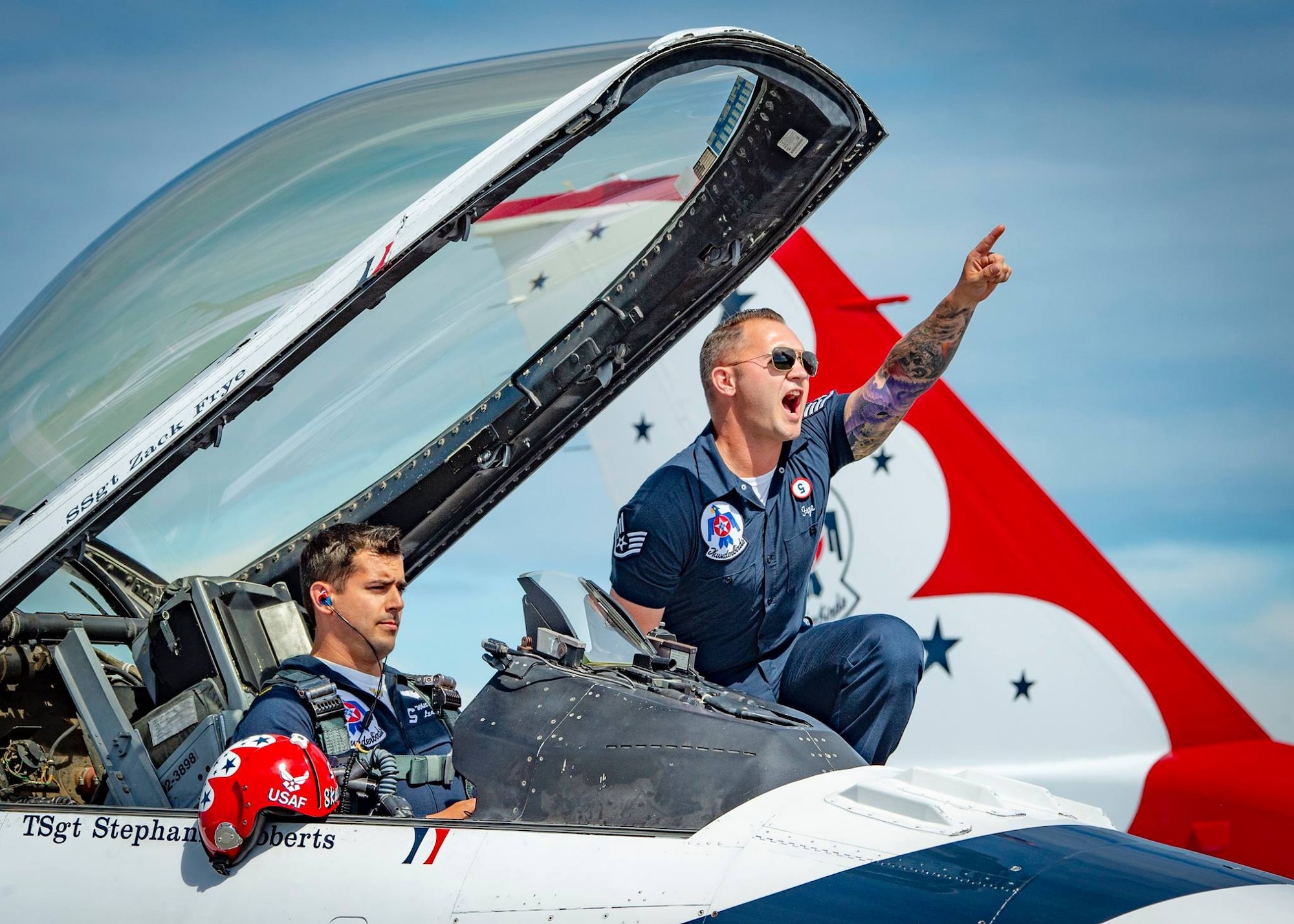 Maj. Whit Collins, Thunderbird No. 4, said that the bubbly canopy is the best part of the F-16. Back in the mid-1970s, the Flight Dynamics Laboratory (FDL), now part of AFRL’s Aerospace Systems Directorate, developed the design, structure and materials for the F-16 canopy, the transparent enclosure over the cockpit. (Courtesy photo)