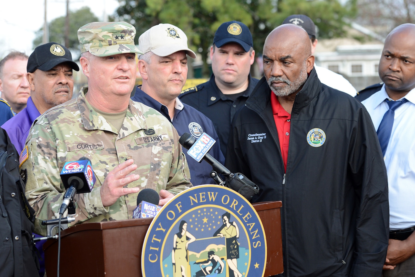 Maj. Gen. Glenn H. Curtis, adjutant general of the Louisiana National Guard, addresses the media on the support that LANG will provide to the city of New Orleans at the direction of Louisiana Governor John Bel Edwards after a tornado hit New Orleans East on Feb. 7, 2017. The LANG mobilized up to 3,000 Soldiers in advance of Tropical Storm Barry, projected to make landfall Friday or Saturday.