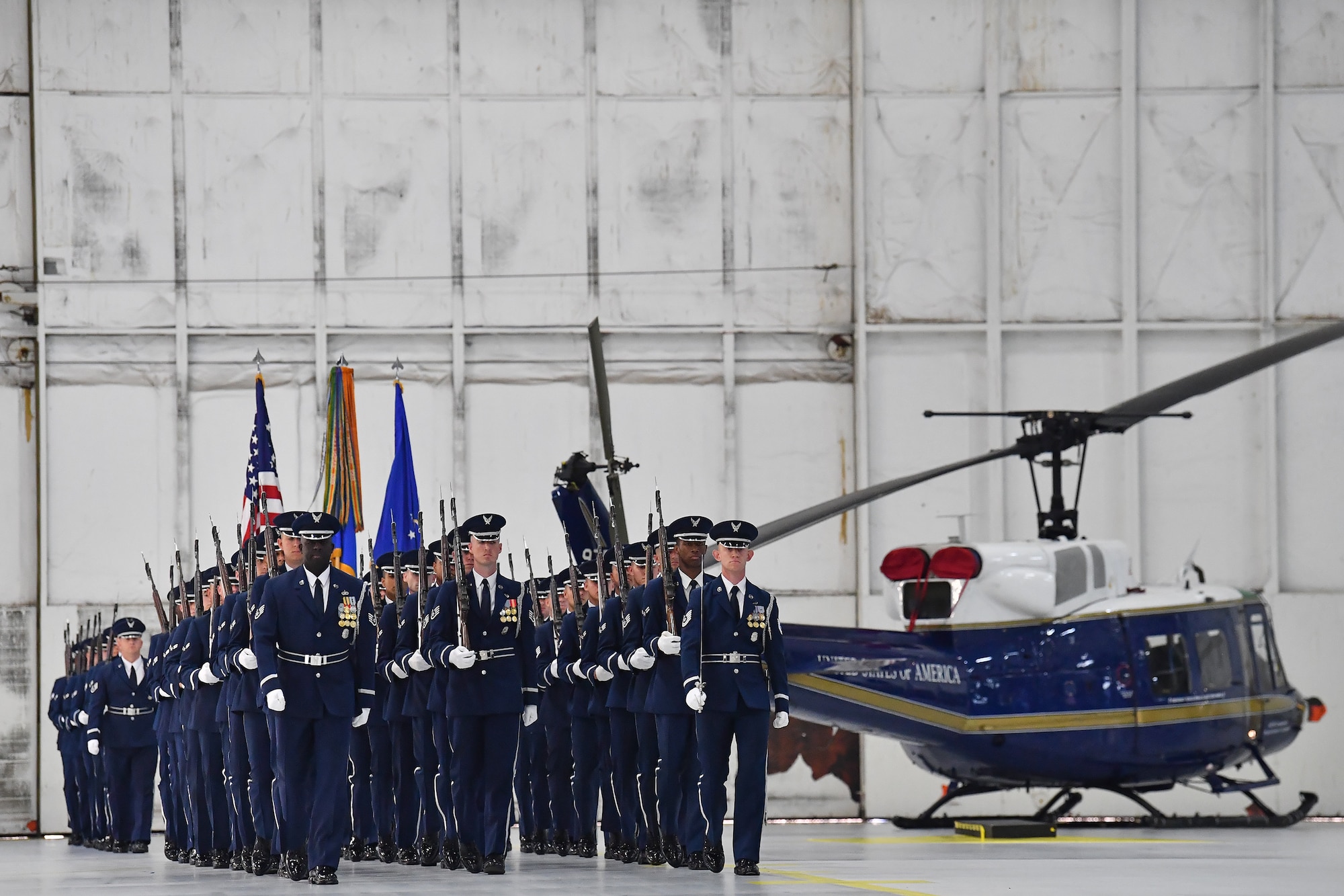 The Air Force Honor Guard marches into place during the Air Force District of Washington Change of Command Ceremony at Joint Base Andrews, Md., July 9, 2019. (Air Force Photo by Adrian Cadiz)