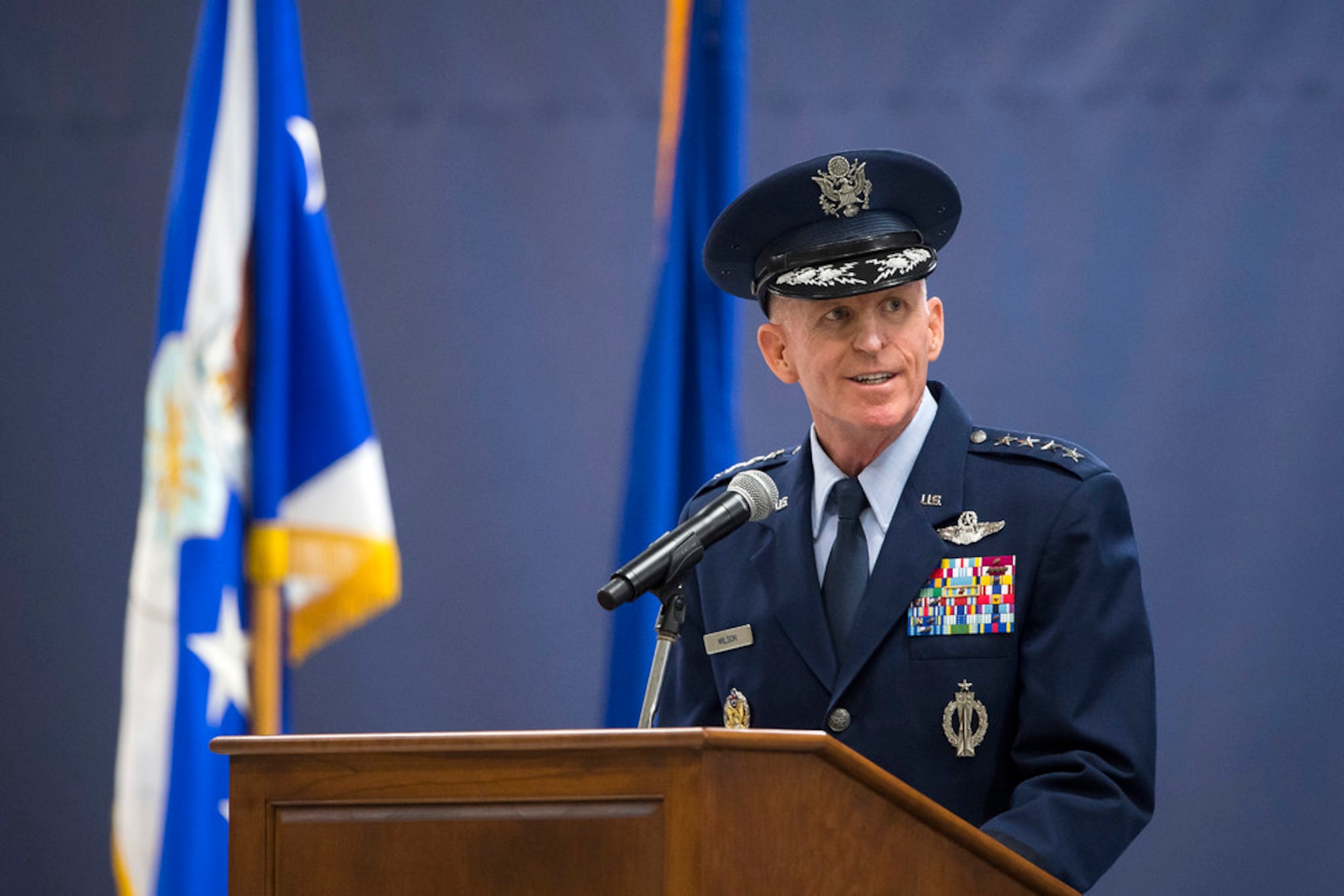 Air Force Vice Chief of Staff Gen. Stephen W. Wilson delivers remarks as he presides over the Air Force District of Washington Change of Command Ceremony at Joint Base Andrews, Md., July 9, 2019. (Air Force Photo by Adrian Cadiz)