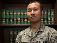 Senior Airman Brenden Enriquez, a Paralegal with the Air Force Legal Operations Agency/Area Defense Council poses July 10, 2019 at the Joint Base San Antonio-Randolph ADC. The ADC is a full-spectrum resource, implemented in 1974, to help Airmen through the lowest level paperwork, such as a letter of counseling or a letter of reprimand, up to the most serious court martial cases. (U.S. Air Force photo by: Airman 1st Class Shelby Pruitt)