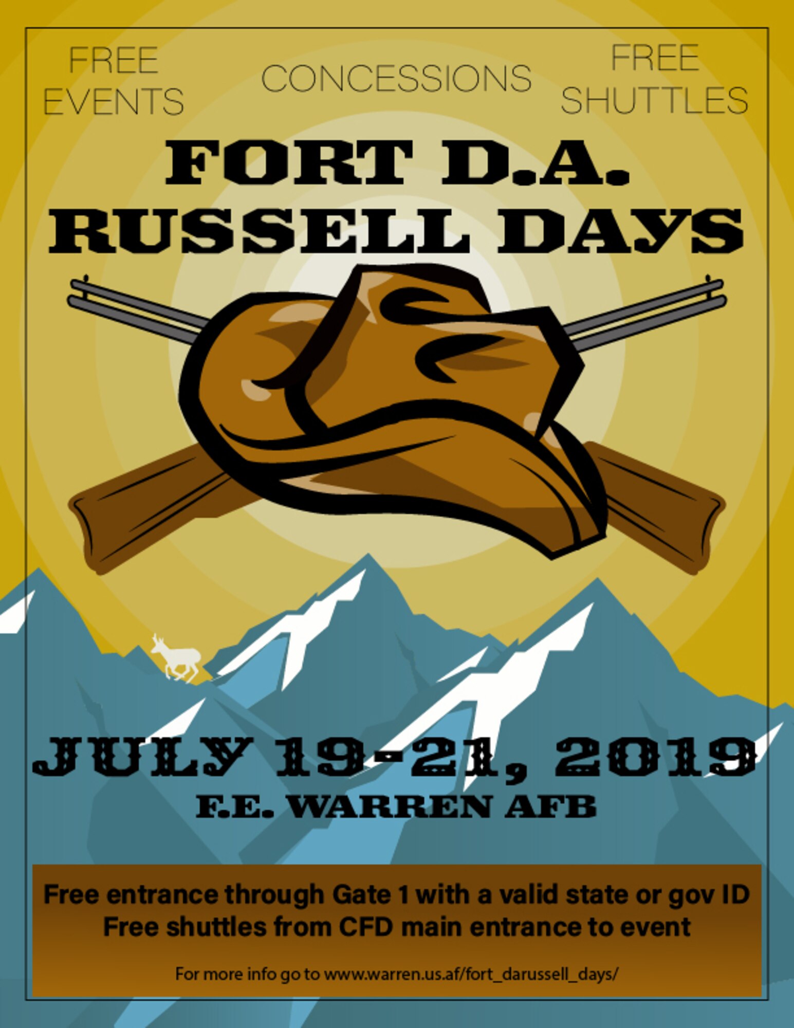 The Fort D.A. Russell Days graphic was created July 11, 2019, at F.E. Warren Air Force Base, Wyo., in order to inform the public of the annual open house. Fort D.A. Russell Days is held every year in conjunction with Cheyenne Frontier Days, the worlds largest outdoor rodeo . (U.S. Air Force graphic by Senior Airman Abbigayle Williams)