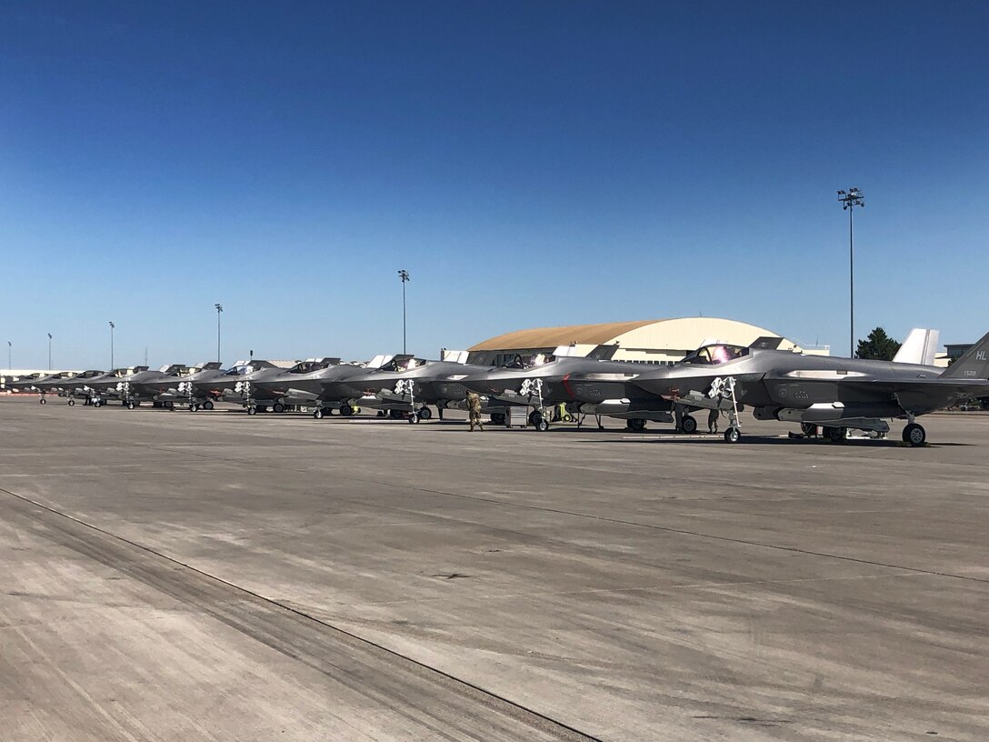 F-35A Lightning II aircraft, assigned to the 388th Fighter Wing at Hill Air Force Base, Utah, sit on the ramp at Mountain Home AFB, Idaho, prior to the first sortie of the day July 11. The 34th Fighter Squadron is operating out of Mountain Home while Hill's runway is under construction. (U.S. Air Force photo by Micah Garbarino)