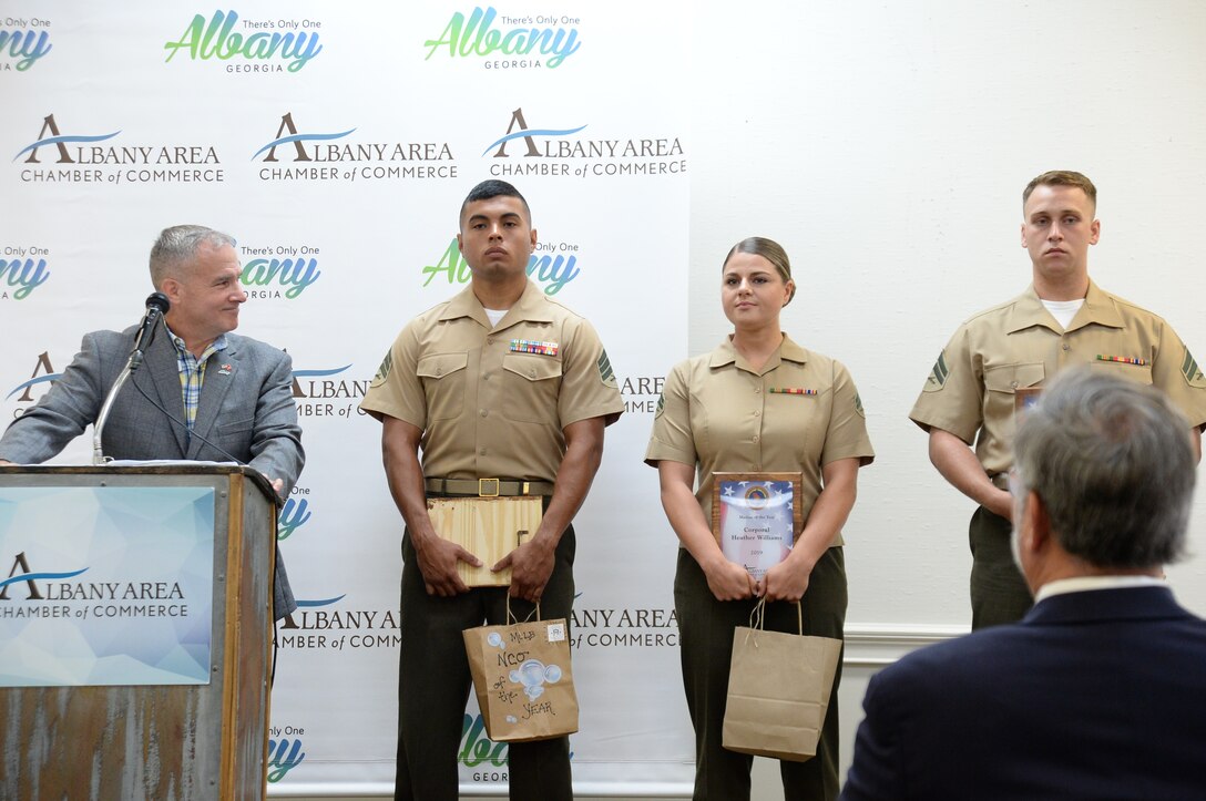 A near-capacity crowd of community and business leaders gathered at the Merry Acres Event Center in Albany, Georgia, July 10, to show their appreciation for those who currently serve in the military at Marine Corps Logistics Base Albany.