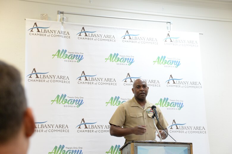 A near-capacity crowd of community and business leaders gathered at the Merry Acres Event Center in Albany, Georgia, July 10, to show their appreciation for those who currently serve in the military at Marine Corps Logistics Base Albany.