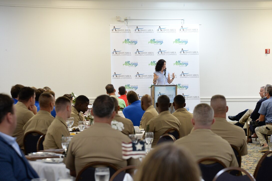 A near-capacity crowd of community and business leaders gathered at the Merry Acres Event Center in Albany, Georgia, July 10, to show their appreciation for those who currently serve in the military at Marine Corps Logistics Base Albany.