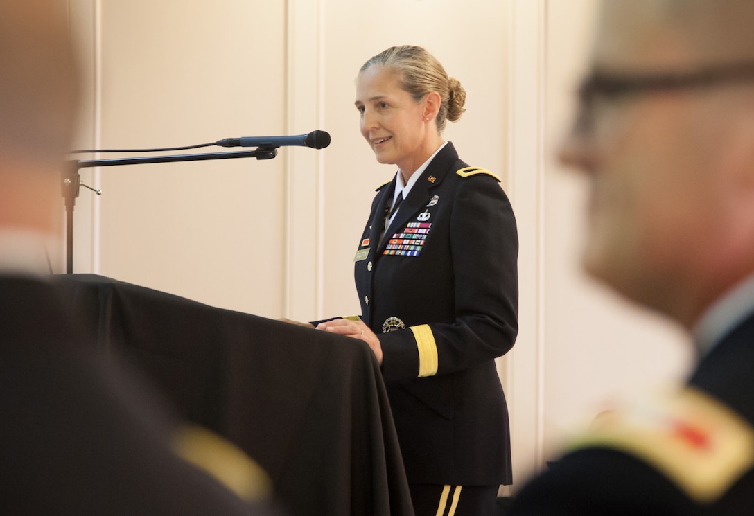 Brig. Gen. Kim Colloton, U.S. Army Corps of Engineers South Pacific Division commander, speaks to an audience of more than 400 USACE employees about the remarkable 28-year Army career of outgoing Sacramento District commander, Col. David Ray, during the district’s July 11, 2019, change of command ceremony in downtown Sacramento, Calif.