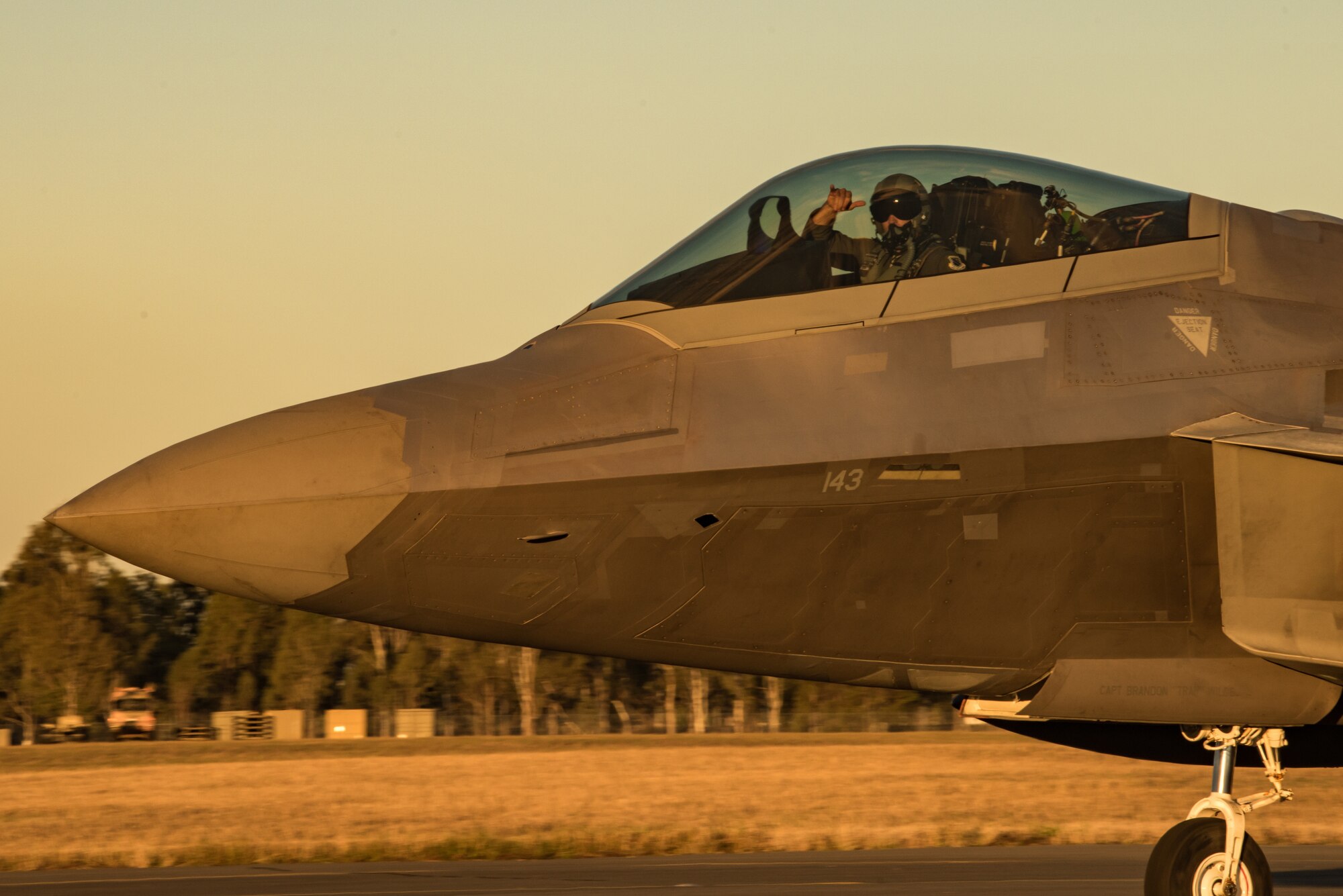 An F-22 Raptor assigned to the 90th Fighter Squadron, Joint Base Elmendorf-Richardson, Alaska, taxis to its parking location at the Royal Australian Air Force Base Amberley flightline for Talisman Sabre 2019, July 9. Talisman Sabre provides effective and intense training to ensure U.S. Forces are combat ready, capable, interoperable, and deployable on short notice. (U.S. Air Force photo by Staff Sgt. Kyle Johnson)