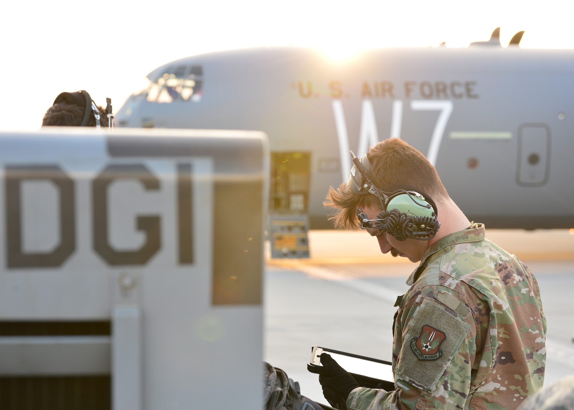 U.S. Air Force Staff Sgt. Joshua Poindexter, 86th Aircraft Maintenance Squadron flying crew chief, runs through a preflight checklist for a C-130J Super Hercules at Powidz Air Base, Poland, July 10, 2019. Approximately 80 Airmen and three aircraft deployed to Powidz Air Base in support of Aviation Rotation 19-3, a bilateral training exercise between the U.S. and Polish air forces. (U.S. Air Force photo by Staff Sgt. Jimmie D. Pike)