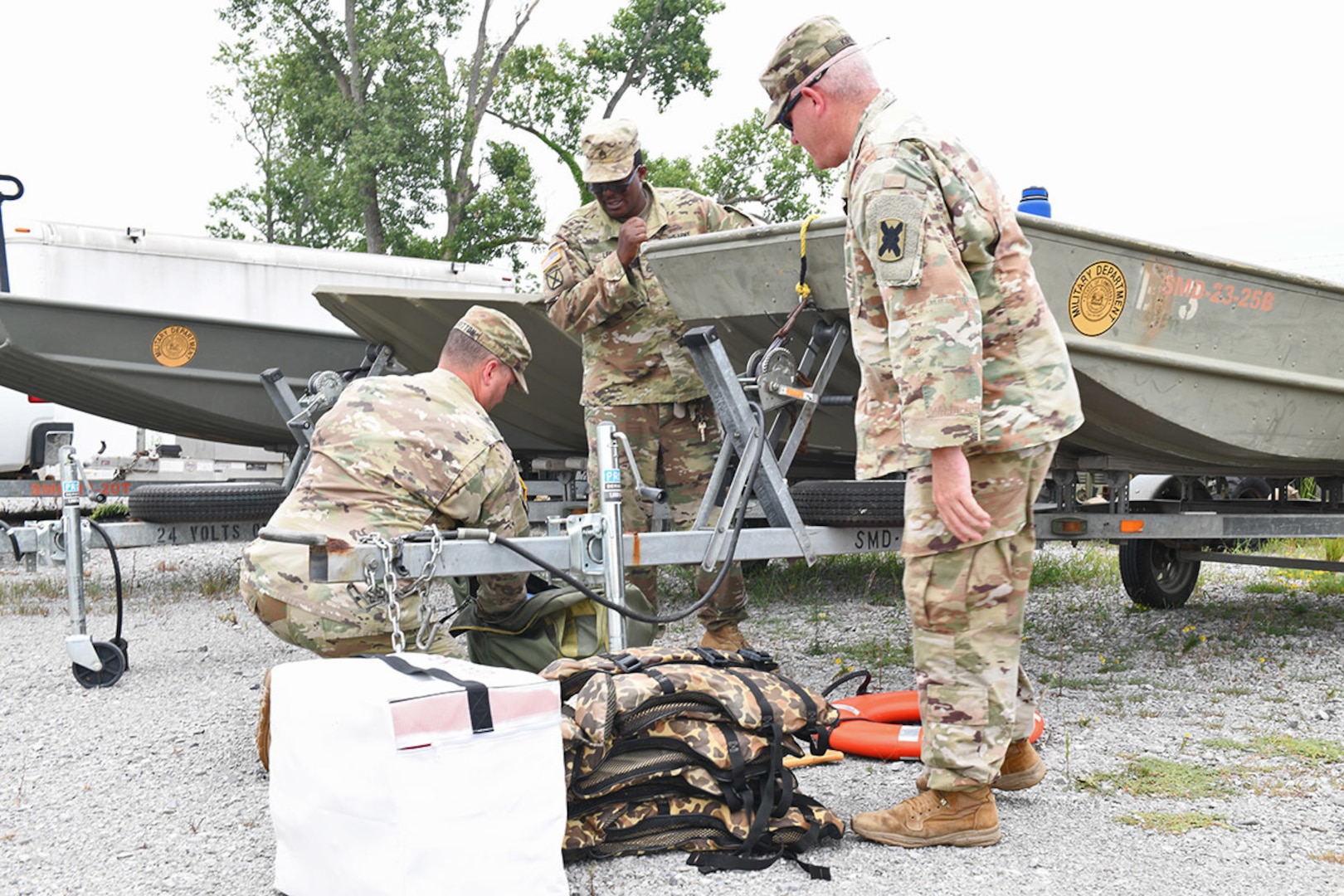 Soldiers with the 769th Brigade Engineer Battalion conduct inspections and test high-water vehicles, flat bottom boats and boating equipment in preparation for the state activation in support of Tropical Storm Barry, July 10, 2019, at the Armed Forces Reserve Center, Baton Rouge, La.