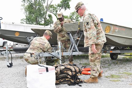 Soldiers with the 769th Brigade Engineer Battalion conduct inspections and test high-water vehicles, flat bottom boats and boating equipment in preparation for the state activation in support of Tropical Storm Barry, July 10, 2019, at the Armed Forces Reserve Center, Baton Rouge, La.