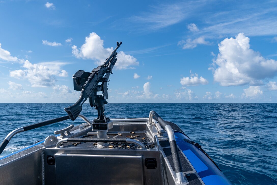 An M240 machine gun mounted on a 6th Security Forces Squadron Secured Around Flotation Equipped Boat after the 6th SFS marine patrol conducted live fire training 12 miles off the coast of St. Petersburg, Fla., July 2, 2019.