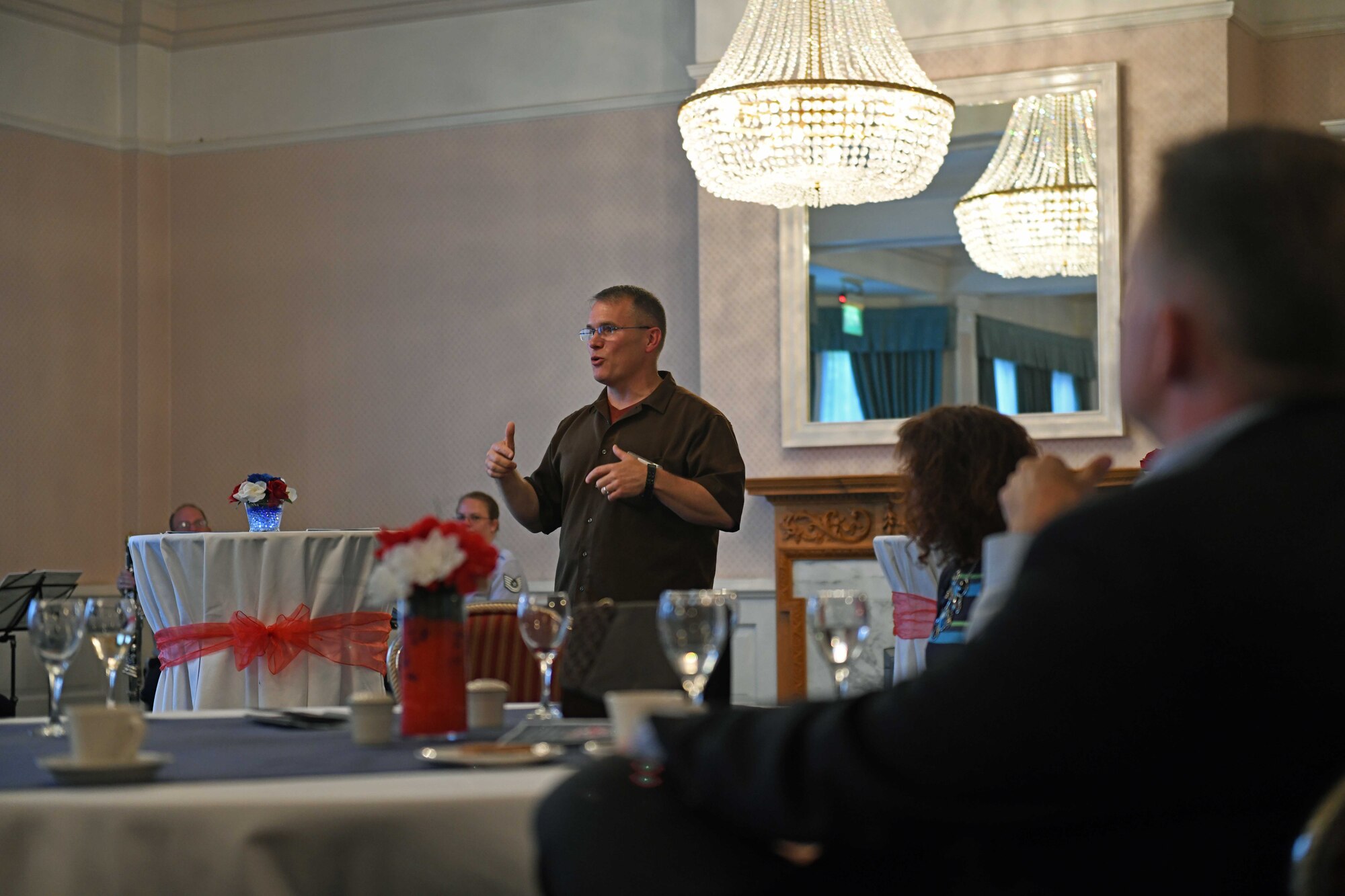 U.S. Air Force Col. Mark Ciero, U.S. Air Forces in Europe-United Kingdom director, gives a speech to civic leaders during the USAFE-UK annual summer reception June 21, 2019, at RAF Mildenhall, England. The USAFE-UK director serves as the U.S. European Command’s country representative in the United Kingdom and is entrusted with maintaining the force readiness for the UK-based units. U.S. Air Force photo by Senior Airman Luke Milano)