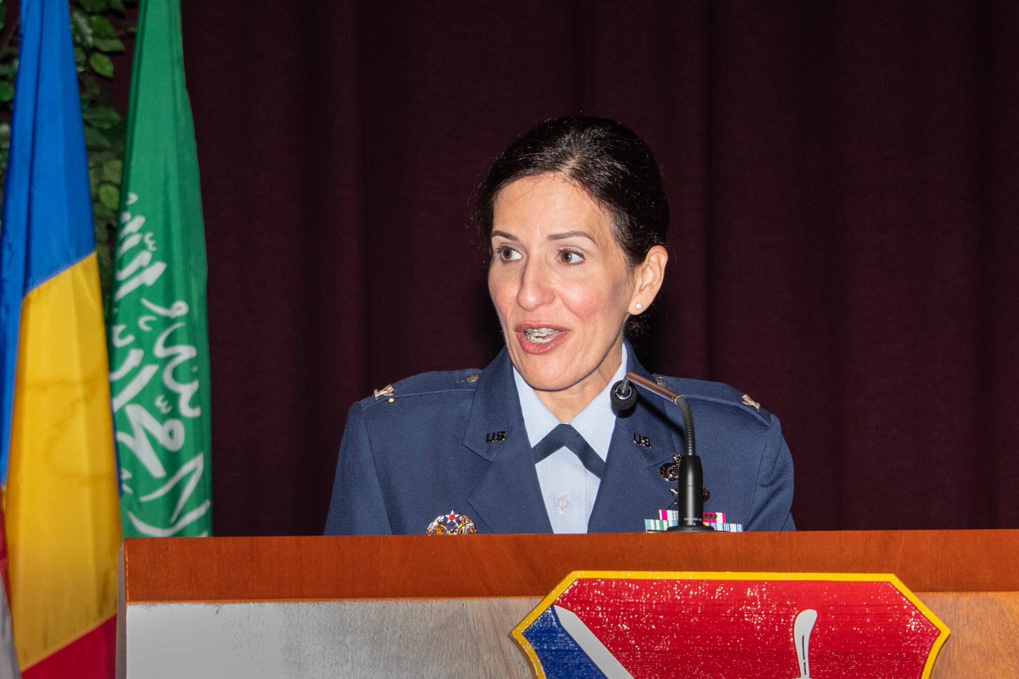 Col. Kathryn A. Brown, Barnes Center for Enlisted Education commander, speaks to a crowd at her assumption of command ceremony July 11, 2019, at the Air Force Senior Noncommissioned Officer Academy Auditorium, Gunter Annex, Alabama. The organizations and programs under the Barnes Center umbrella include Airman Leadership Schools, NCO Academy (stateside), Senior NCO Academy, Community College of the Air Force, U.S. Air Force First Sergeant Academy, Air Force Enlisted Heritage Research Institute, Air Force Career Development Academy, Enlisted PME Instructor Course and Chief Master Sergeant Leadership Course.