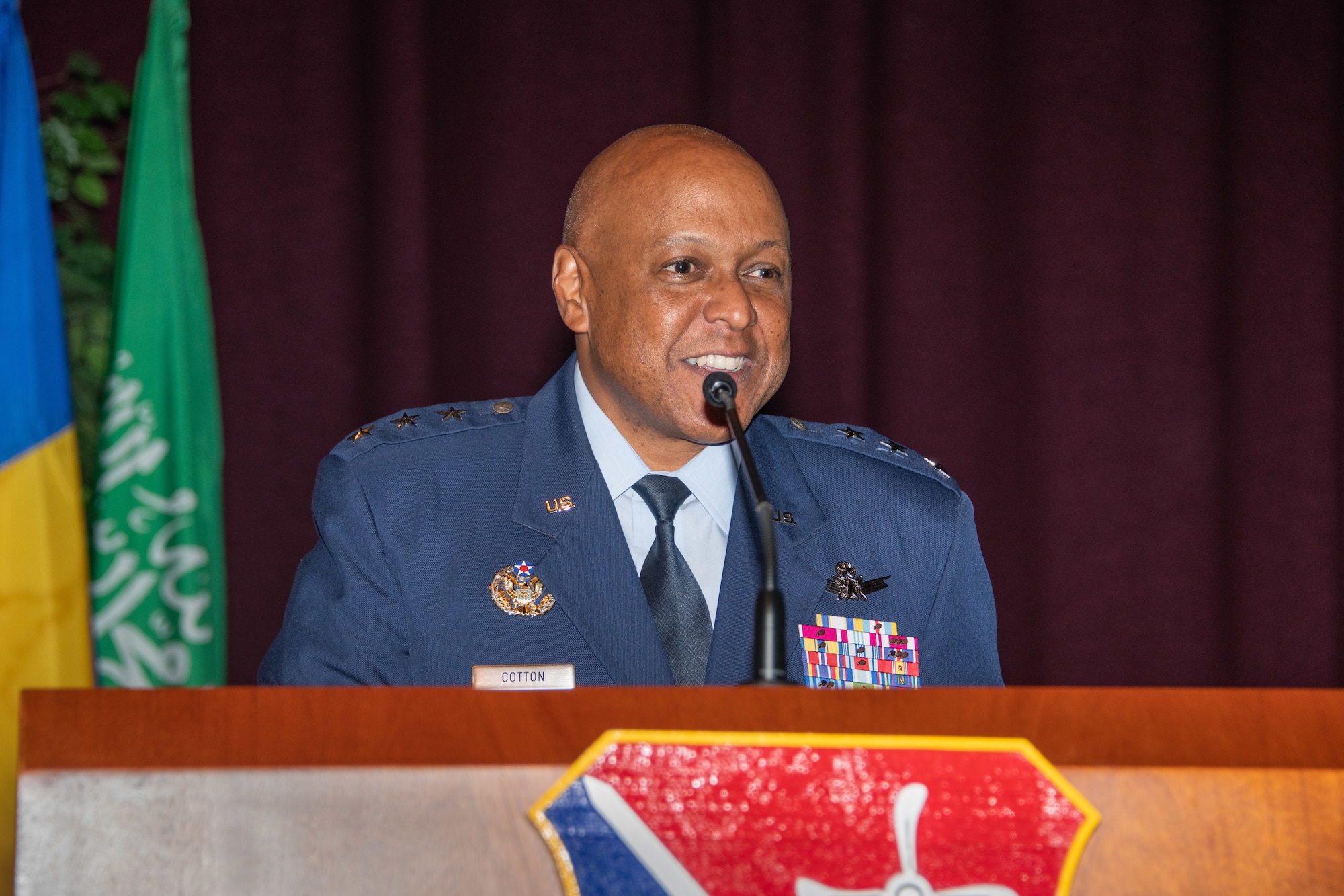 Lt. Gen. Anthony J. Cotton, Air University Commander and President, welcomes the incoming Barnes Center for Enlisted Education, Col. Kathryn A. Brown, at the Air Force Senior Noncommissioned Officer Academy Auditorium, Gunter Annex, Alabama. Brown served as the commander of the 42nd Force Support Squadron from July 2009 to July 2011 and chief of the then-42nd Services Division from July 2008 to July 2009.