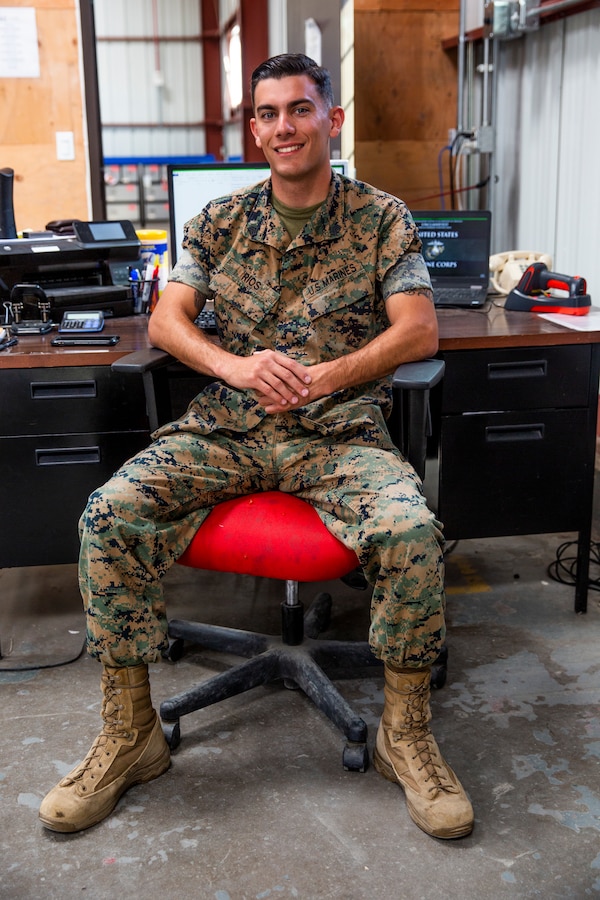 U.S. Marine Sgt. Cameron Rios, a postal clerk with Headquarters and Service Company, Headquarters and Support Battalion, Marine Corps Installations West, Marine Corps Base Camp Pendleton, poses for a photo at the Las Pulgas Postal Office on MCB Camp Pendleton, California, June 28, 2019. Rios joined the Marine Corps in 2011 as a postal clerk and currently serves as the Las Pulgas postal office noncomissioned officer-in-charge. He is also a Marine Corps Martial Arts Instructor-Trainer. (U.S. Marine Corps Photo by Cpl. Dylan Chagnon)