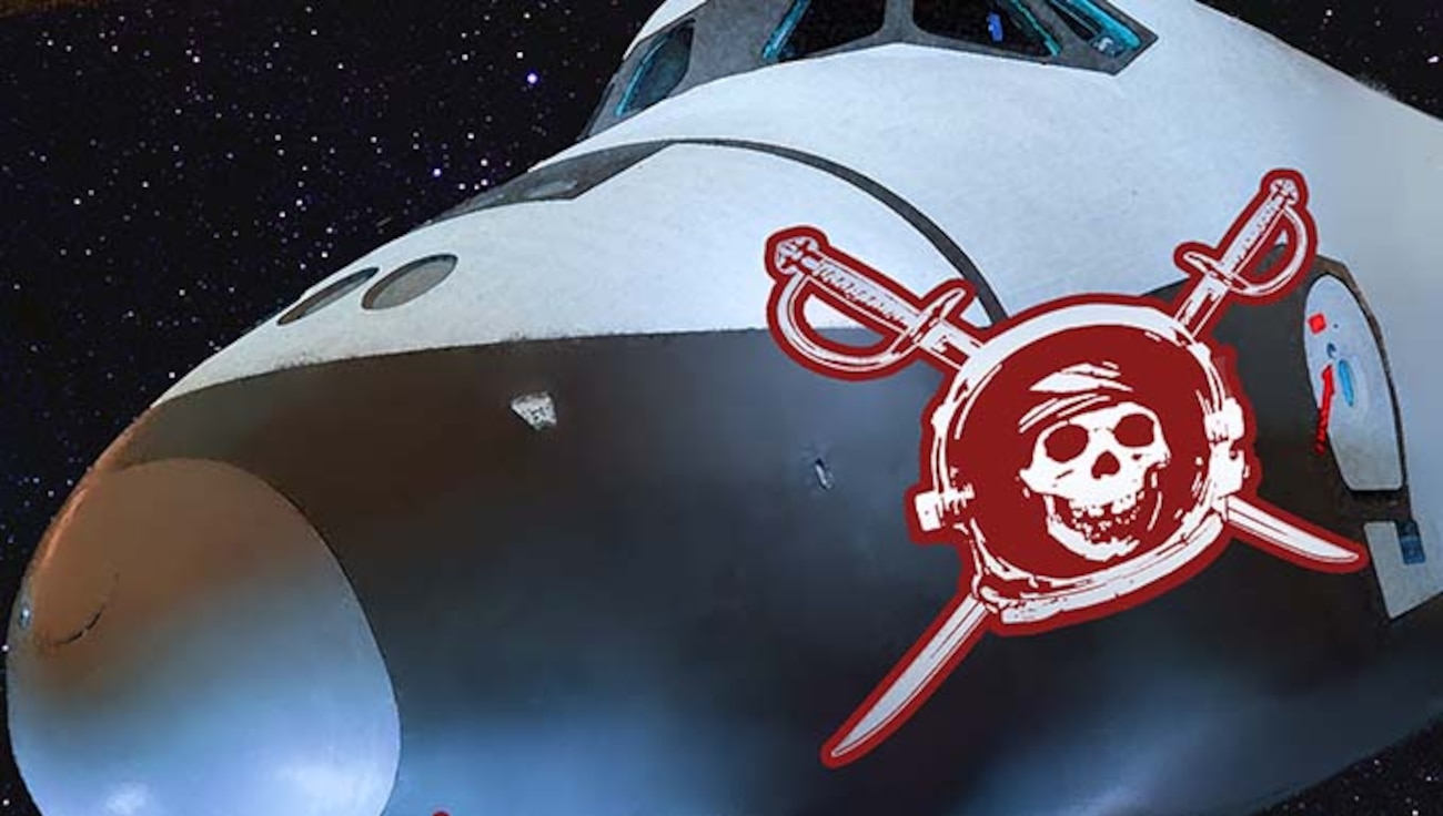 Artist concept of a pirate space ship with a space pirate skull and crossed swords for nose art.