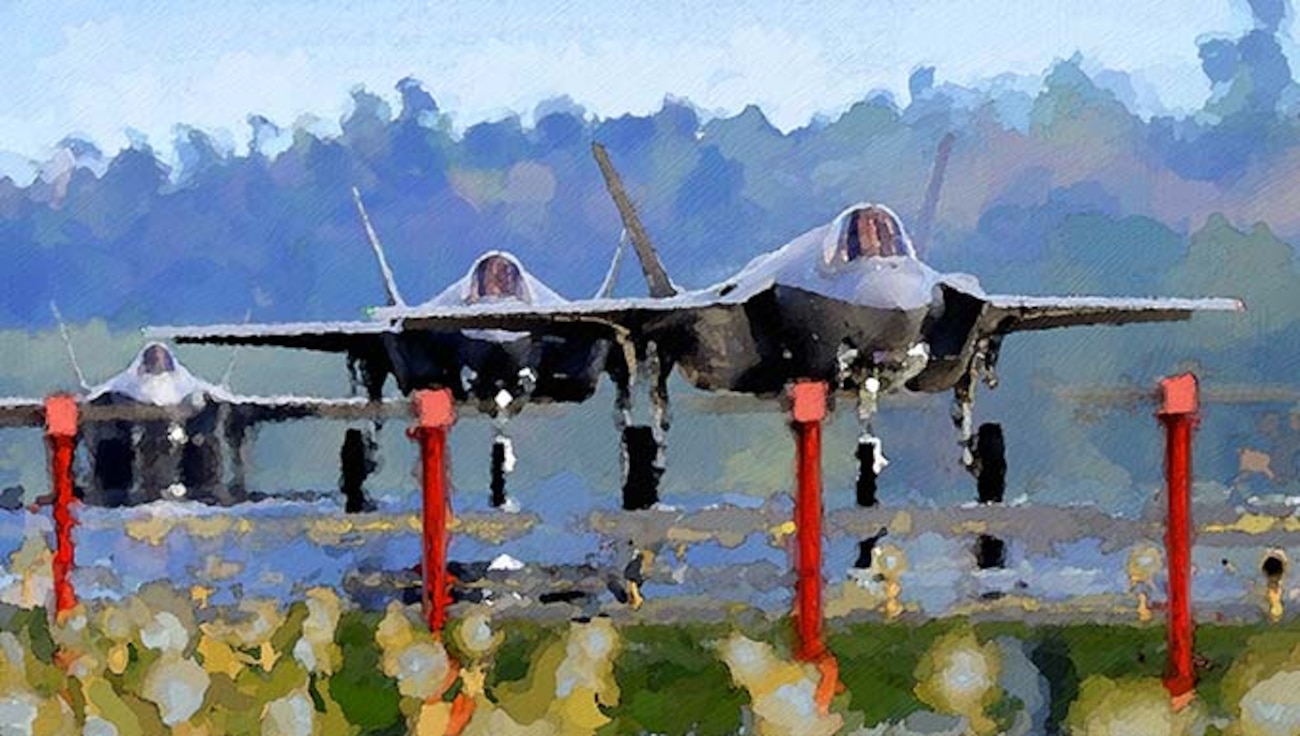 Art created from image of F-35A Lightning II's from the 34th Fighter Squadron at Hill Air Force Base, Utah, land at Royal Air Force Lakenheath, England, April 15, 2017.