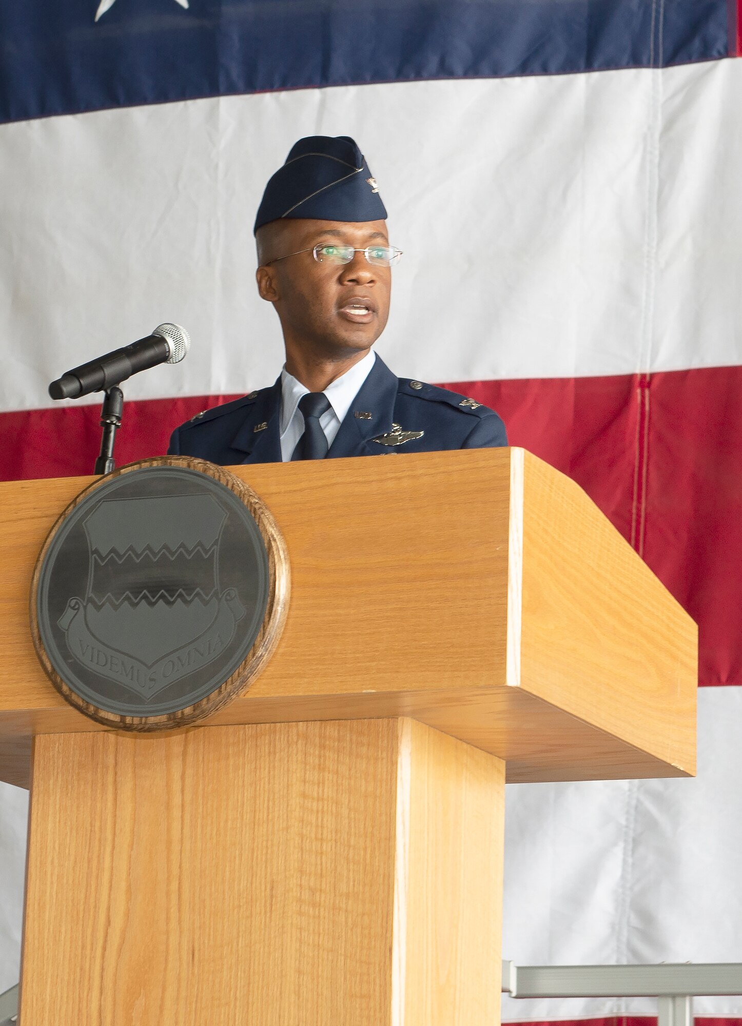 U.S. Air Force Col. Gavin Marks, 55th Wing commander, speaks during the during the 55th Communications Group Change of Command ceremony July 10, 2019, Offutt Air Force Base, Nebraska.  “We are excited and elated and so optimistic as we welcome Col. Wieland to the 55th Wing” said Marks, “His experiences that make me absolutely confident that he is the right leader, in the right place, at the right time to continue to move the 55th CG down the field.”  (U.S. Air Force photo by L. Cunningham)