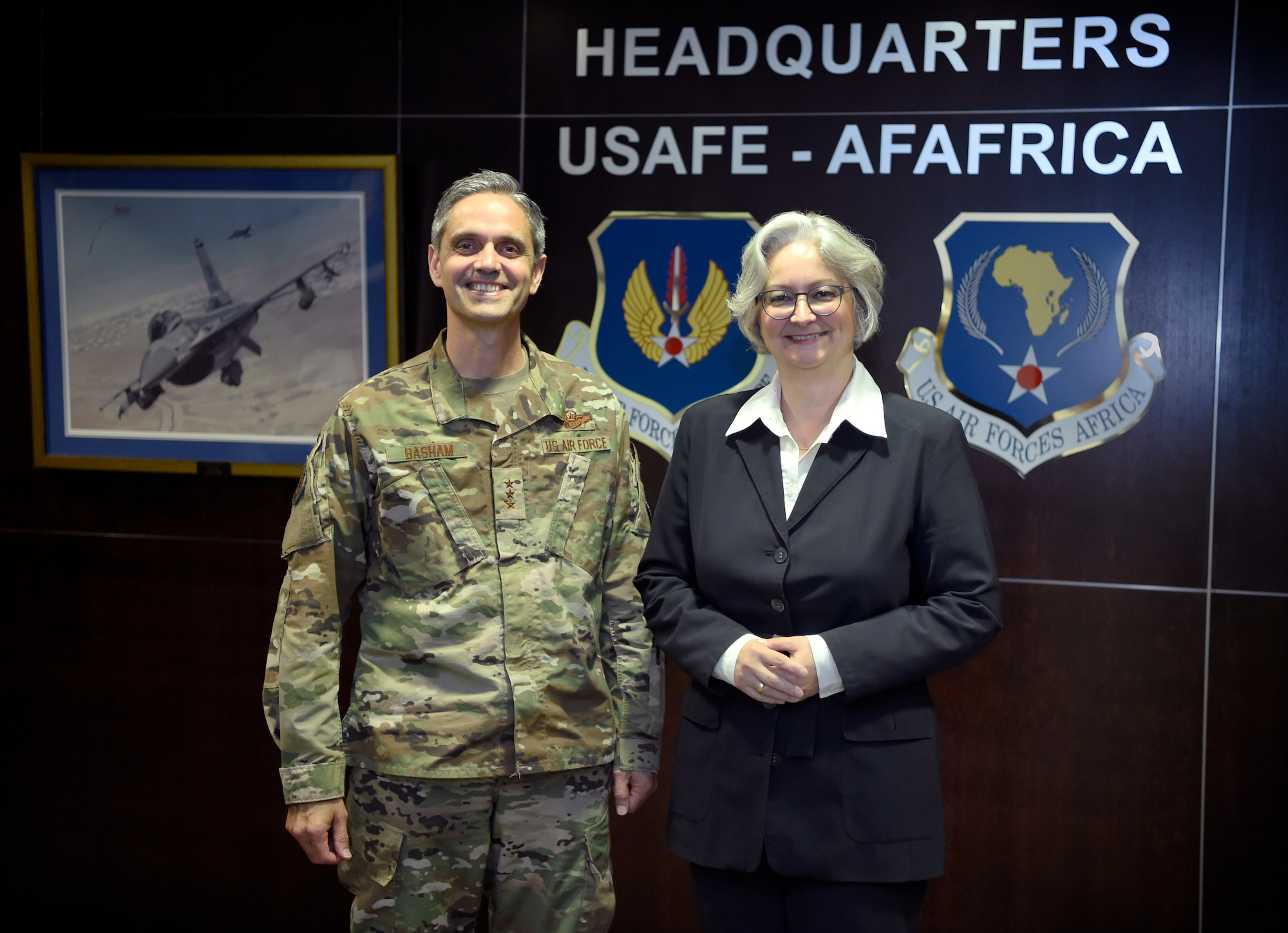Lt. Gen. Steven Basham, U.S. Air Forces in Europe and Air Forces Africa deputy commander, and Mrs. Barbara Wießalla, Chief of the German Ministry of Defense's Infrastructure, Environment and Services Division stand together for a photo at USAFE - AFAFRICA headquarters, Ramstein Air Base, Germany, July 12, 2019. Wießalla traveled to USAFE - AFAFRICA headquarters for an immersion visit to better understand the functions of the air component. (U.S. Air Force photo by Tech. Sgt. Stephen Ocenosak)