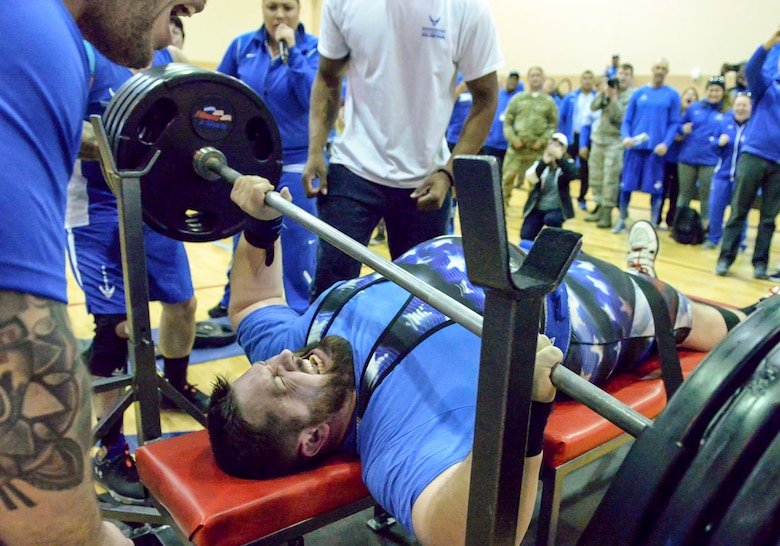 Lawrence Hufford, U.S. Air Force wounded warrior athlete attempts to lift 405 pounds during the power weightlifting competition at the Air Force Warrior Games Trials held at Nellis Air Force Base, Nevada on Feb. 23, 2018