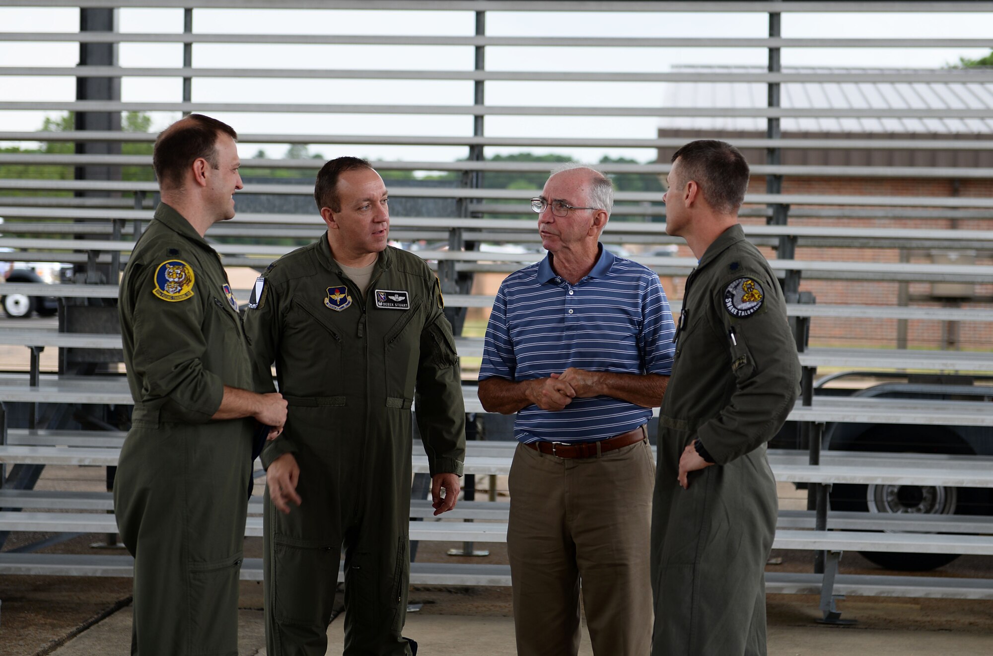 Retired Col. James Donnelly, Undergraduate Pilot Training class 71-01 graduate speaks with 14th Operations Group leadership July 3, 2019, on Columbus Air Force Base, Miss. Five Classmates from the 71-01 class visited Columbus AFB 50 years after their pilot training began and attended the 50th Flying Training Squadron’s heritage aircraft unveiling. (U.S. Air Force photo by Airman 1st Class Hannah Bean)