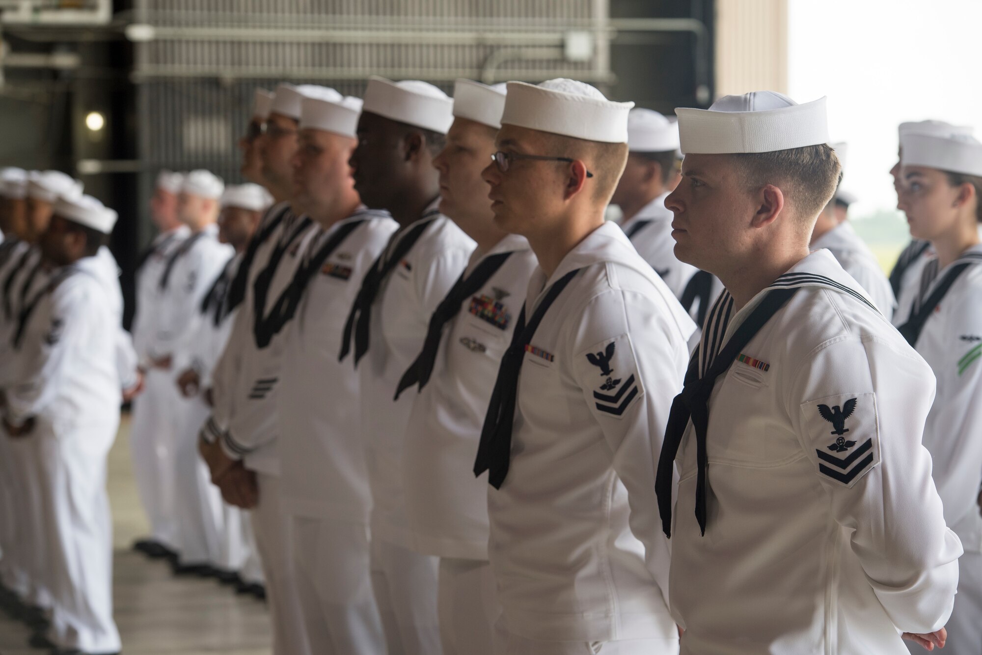 Naval Support Activity Lakehurst Sailors stand-by in formation during U.S. Navy Capt. William Sherrod’s assumption of command from outgoing NSA Lakehurst commander, U.S. Navy Capt. Muhammed Khan, Joint Base McGuire-Dix-Lakehurst, New Jersey, July 12, 2019. NSA Lakehurst provides administrative control support for U.S. Navy Sailors assigned operational control under the 87th Air Base Wing and 305th Air Mobility Wing at Joint Base MDL.