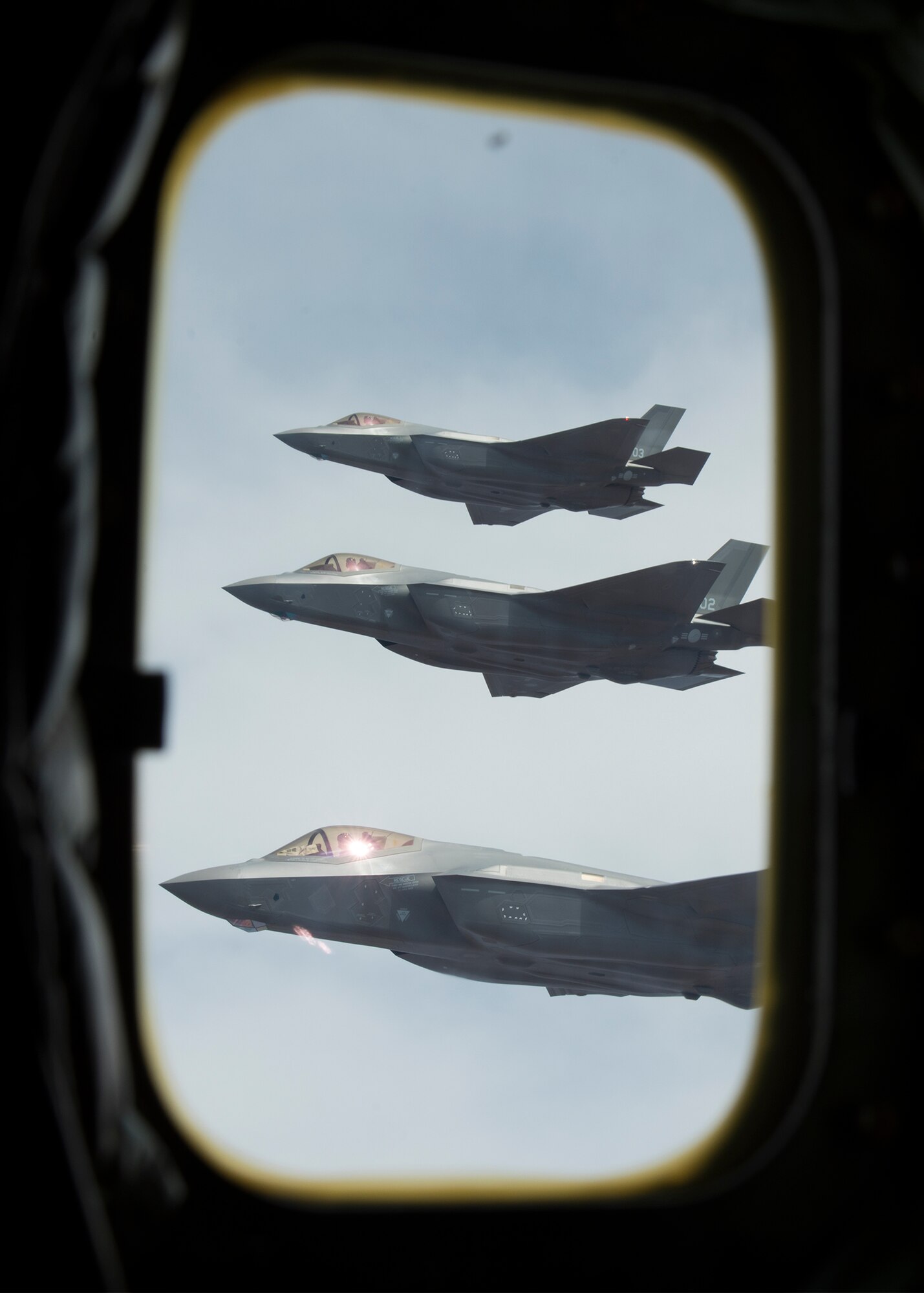 Republic of Korea Air Force, F-35A Lightning IIs fly in formation March 15, 2019, in Ariz. The F-35 contains tactical data links that enable the protected sharing of data among its flight members as well as other surface, airborne and ground-based platforms needed to achieve missions. (U.S. Air Force photo by Airman 1st Class Leala Marquez)