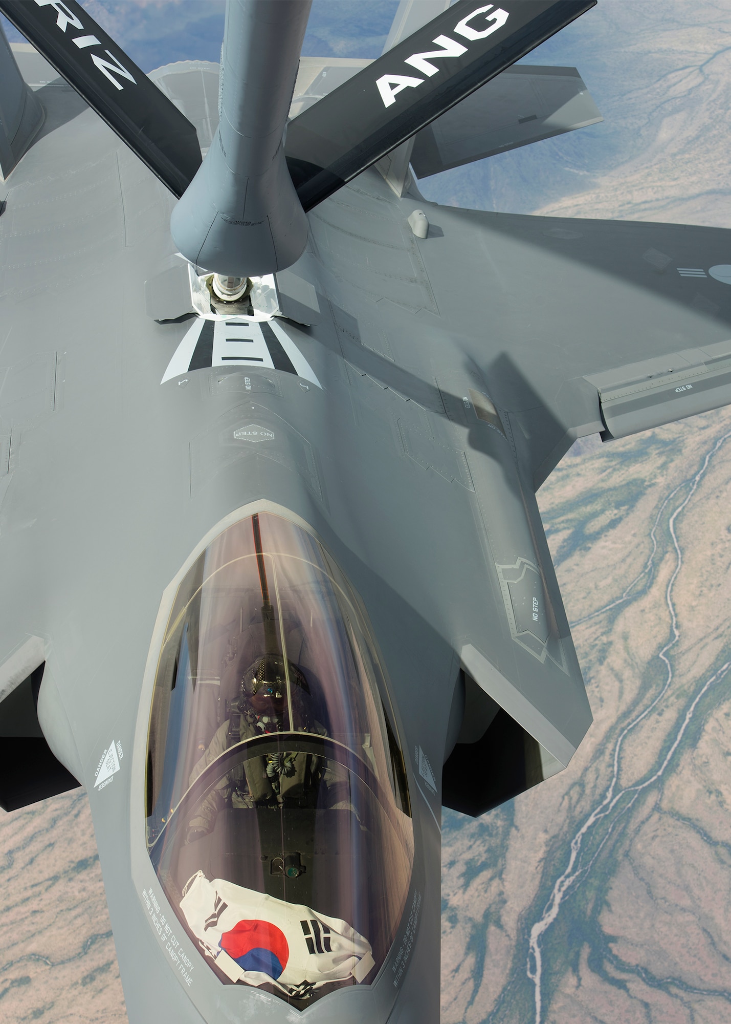 A Republic of Korea Air Force, F-35A Lightning II is refueled while on a flying mission March 15, 2019, in Ariz. South Korea is one of multiple nations partnered with the U.S. to train F-35 pilots. (U.S. Air Force photo by Airman 1st Class Leala Marquez)