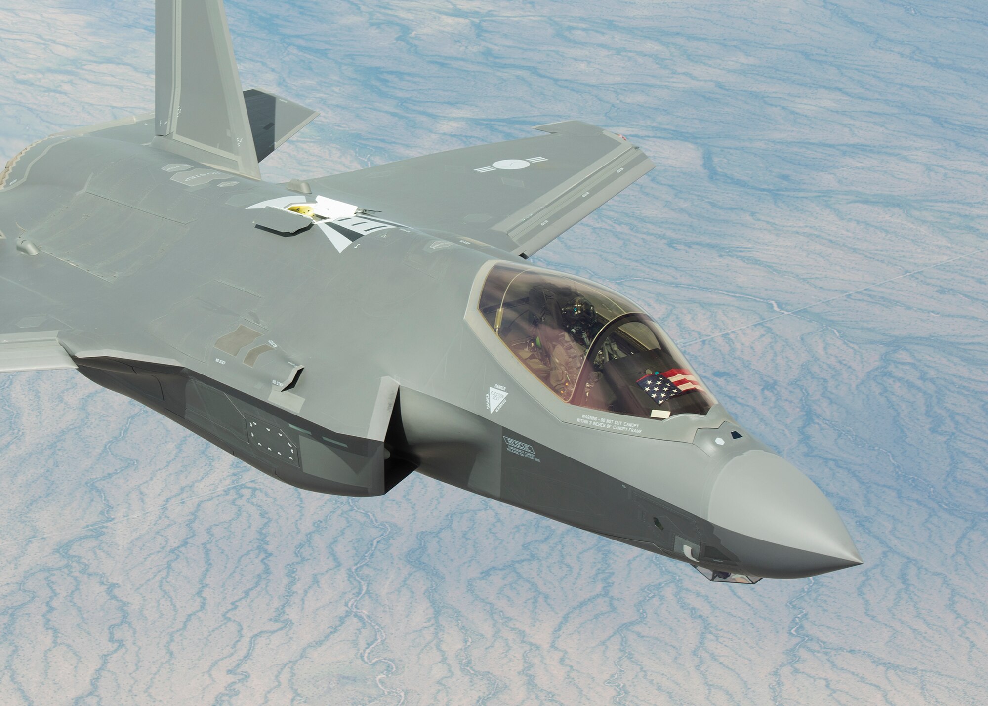 A Republic of Korea Air Force, F-35A Lightning II approaches a KC-135 to refuel March 15, 2019, in Ariz. The F-35’s engine produces 43,000 pounds of thrust and contains a 6-stage compressor, 3-stage fan, single stage high-pressure turbine, annular combustor and a 2-stage low-pressure turbine. (U.S. Air Force photo by Airman 1st Class Leala Marquez)